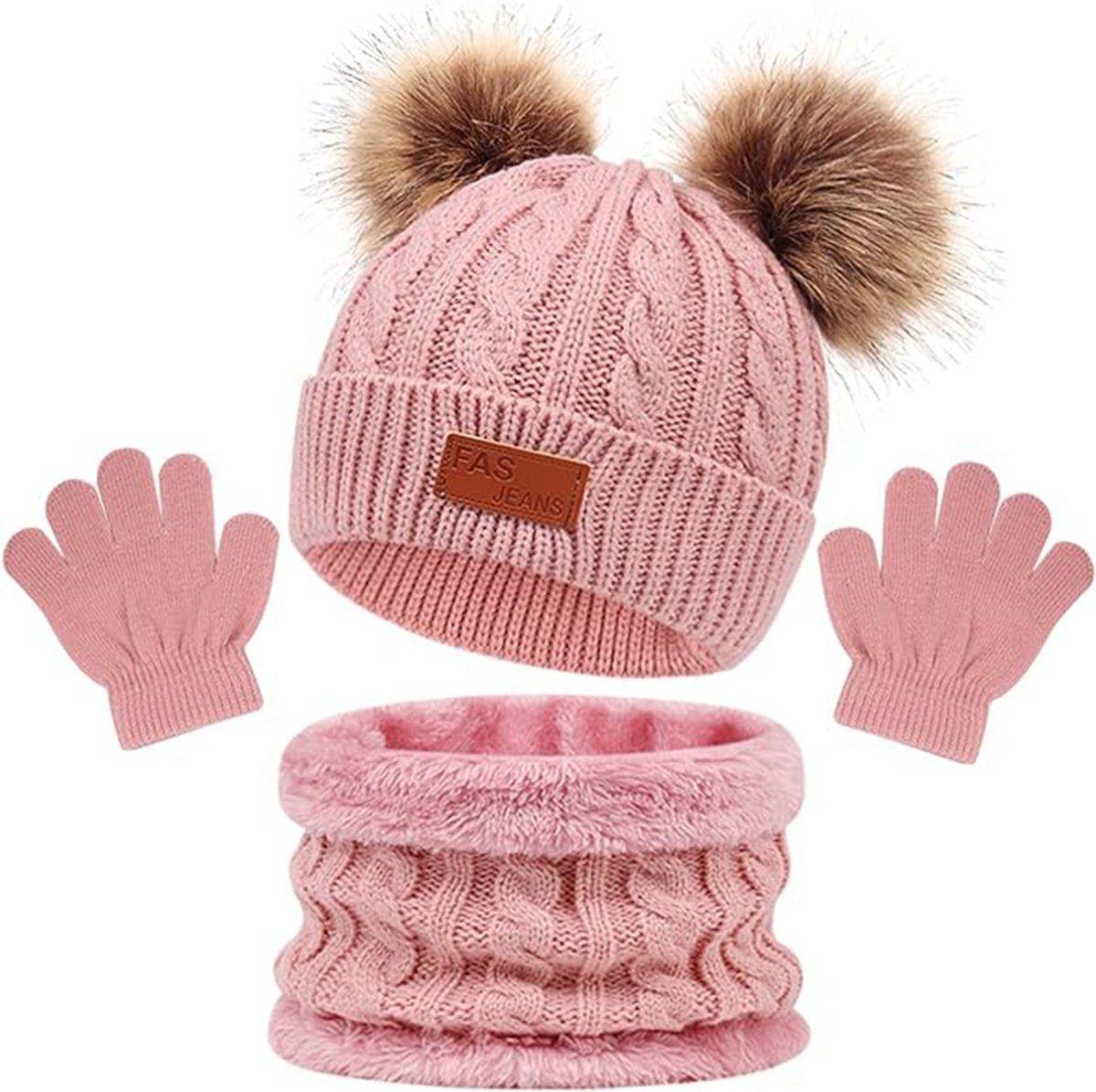 Schal, rosa Beanie 3 Kinder Winter Mütze Handschuhe Stück CTGtree & Schal Set Anzug Hut,