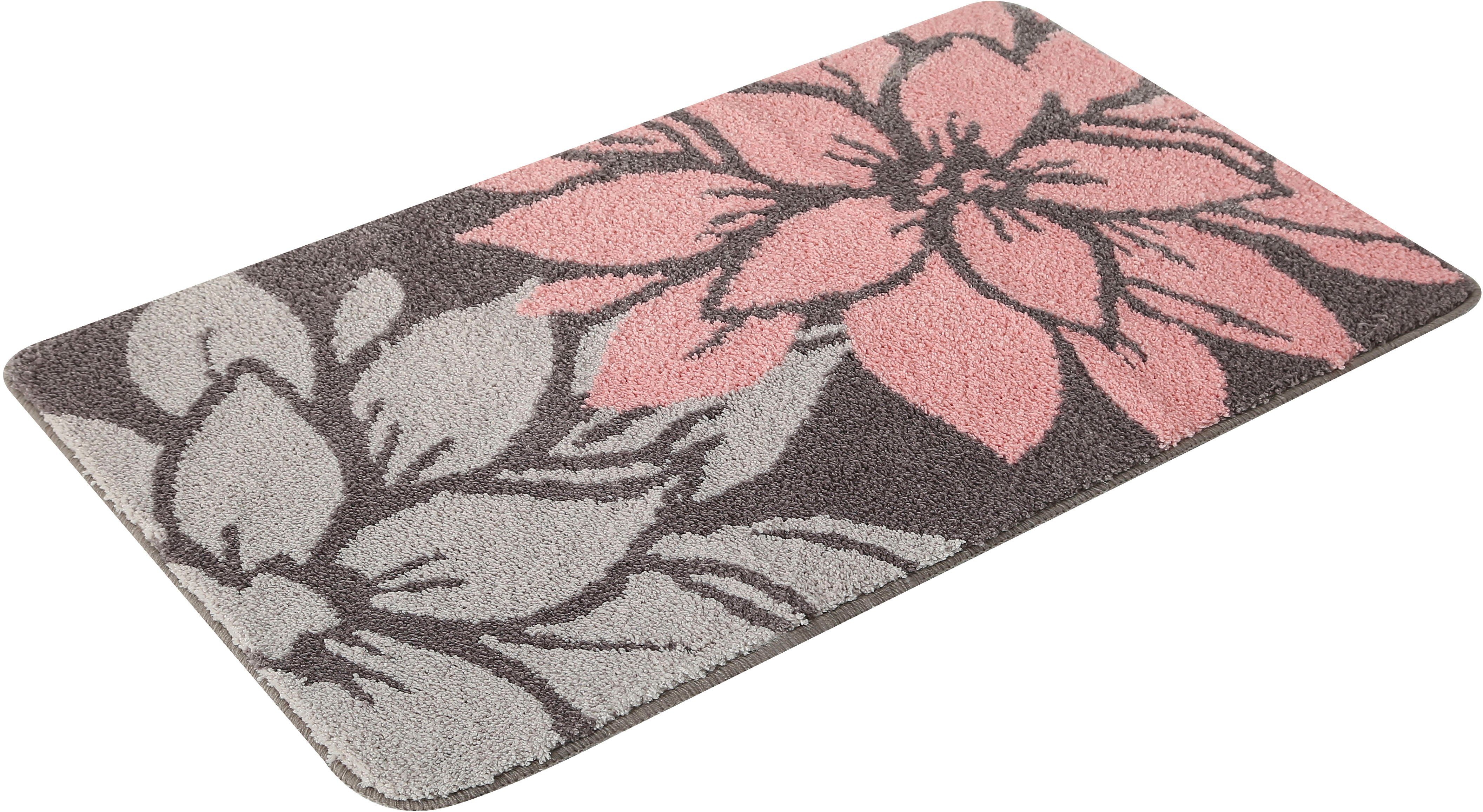 Badematte Susan Home affaire, Höhe 15 mm, fußbodenheizungsgeeignet, strapazierfähig, Polyester, rechteckig, Blumen-Muster, Badteppich, Badematten auch als 3 teiliges Set & rund rosa/grau | Alle Badematten