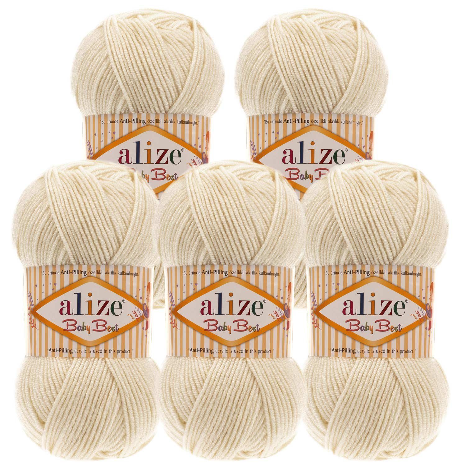 Alize 5 x 100g Strickgarn ALIZE Baby Best uni Babywolle Wolle Antipilling Häkelwolle, 240 m (Sparpaket), 62 creme