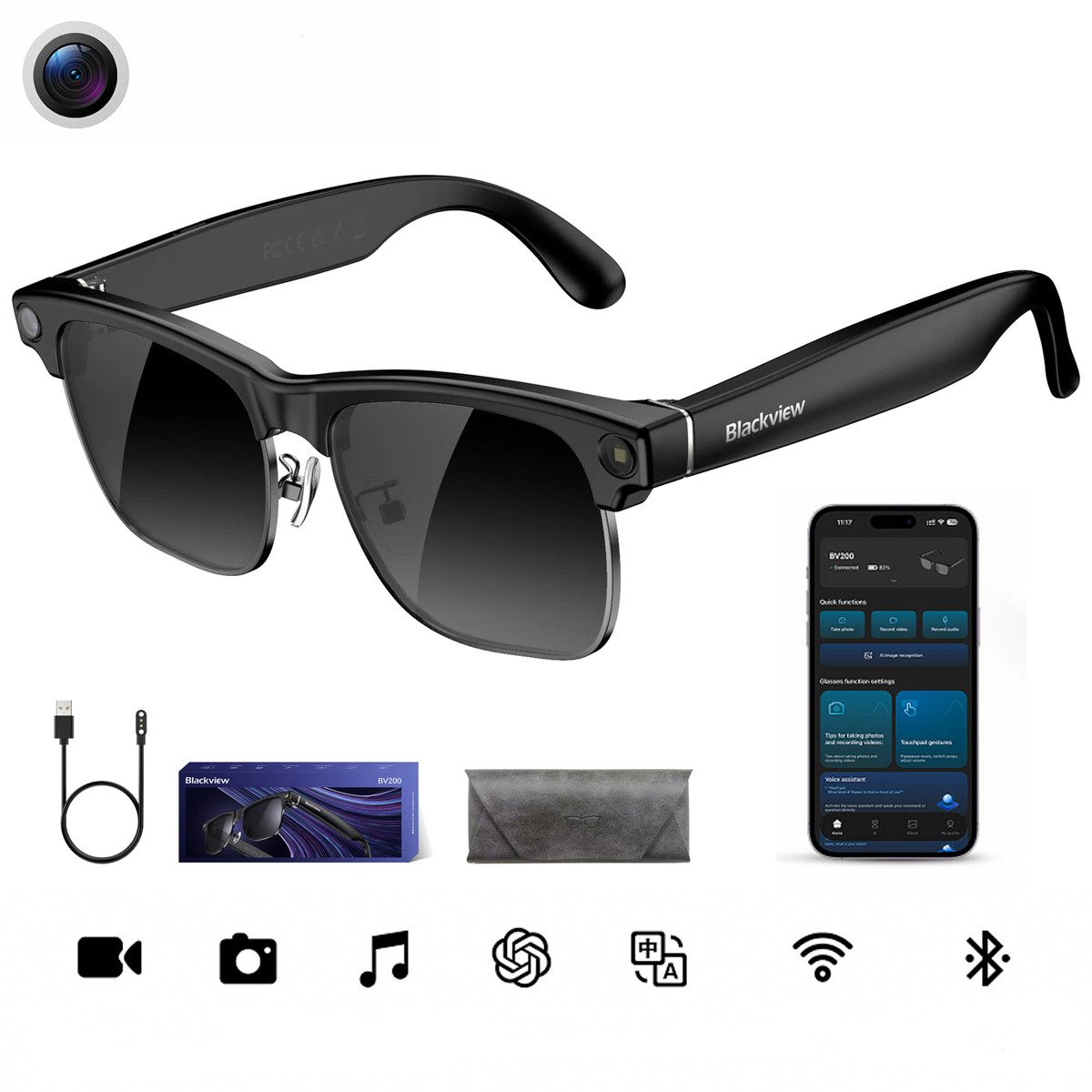 blackview 3D-Brille KI Brille mit Echtzeitübersetzung und Spracherkennung, 8MP Kamera, Sony IMX219-Sensor,KI-Assistent,ChatGPT,Kamera,Übersetzung& HiFi-Klang
