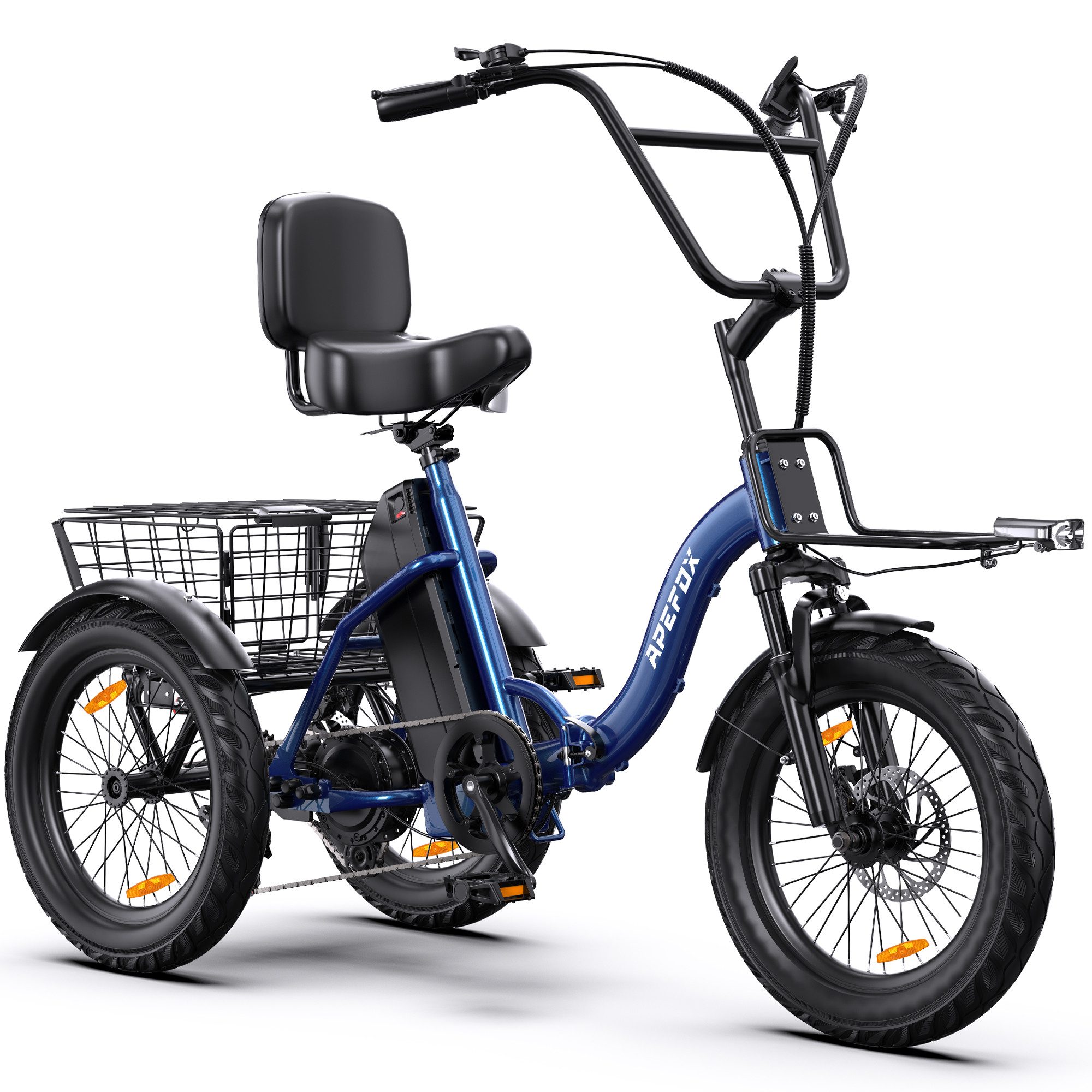 Vankel E-Bike Cityrad Elektro-Dreirad Herren u. Damen Erwachsene 3 Rad 80km 720Wh faltbar, Kettenschaltung, Heckmotor, 720 Wh, Pedelec mit Korb & Rückenlehne, 7 Gang, 48V 15Ah Akku, blau