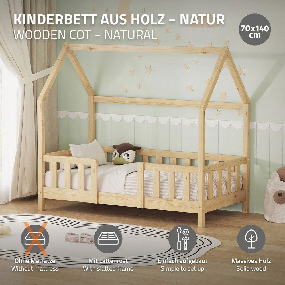 ML-DESIGN Spielbett Hausbett Kinderbett inkl. Lattenrost kreativ Bodenbett für Kinder, Abenteuerbett ohne Matratze 70x140cm Holzbett Natur Kiefer Bettgestell