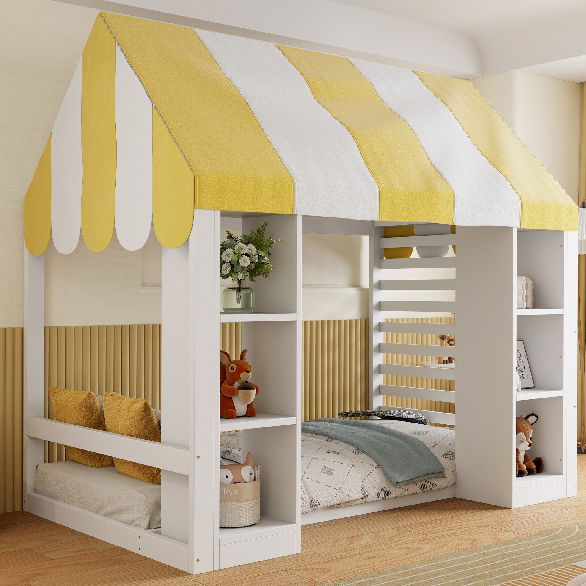 Flieks Kinderbett, Holzbett im Landhausstil 90x200cm mit offenem Stauraum vorne