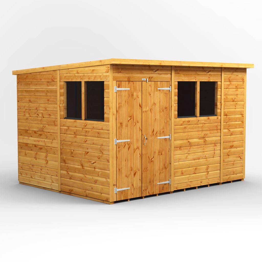Powersheds Gartenhaus mit Pultdach aus Nut- und Feder Vollholz mit Doppeltür, BxT: 300x240 cm, (Polyester-verstärkte Dachpappe, gehärtetes Glas, hochwertiges Holz), Hochwertiges Holz