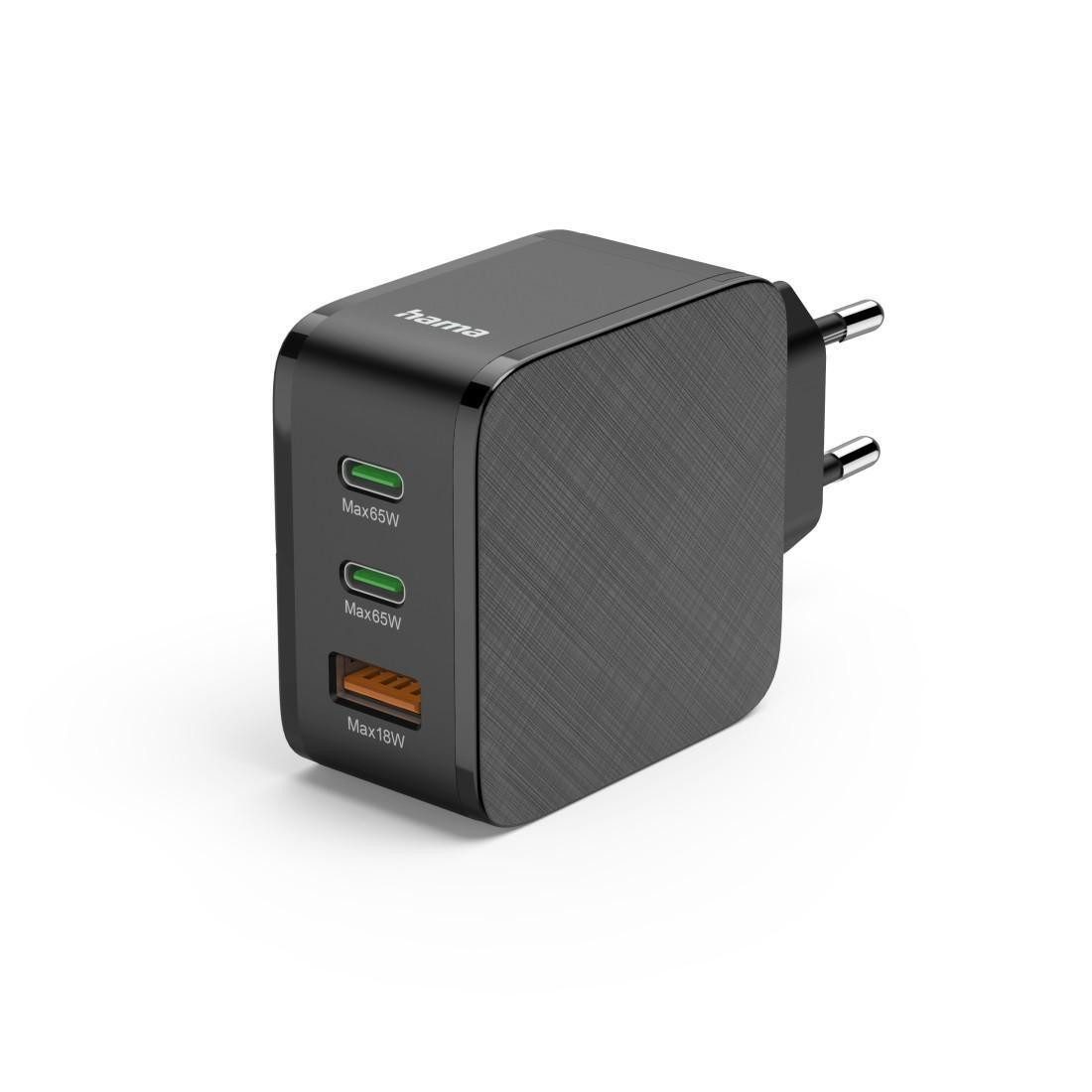 Hama HAMA 65W Schnellladegerät USB-C/USB-A Ladestation (2x USB-C PD, 1x USB-A QC, 65 W, Schwarz)