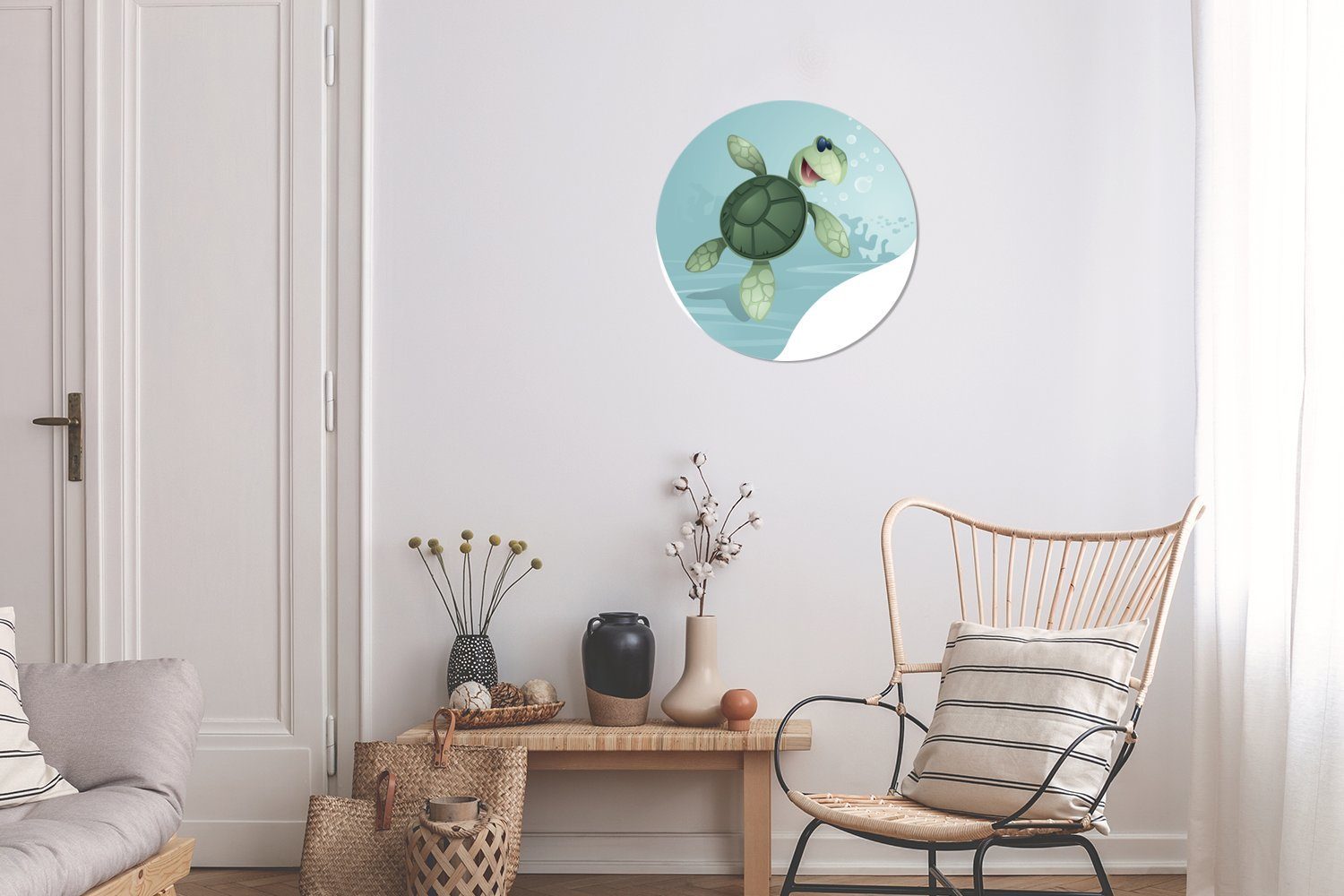 St), grünem (1 Wasser für Tapetenaufkleber, MuchoWow Wohnzimmer Wandsticker in einer Rund, Tapetenkreis Kinderzimmer, Illustration Schildkröte