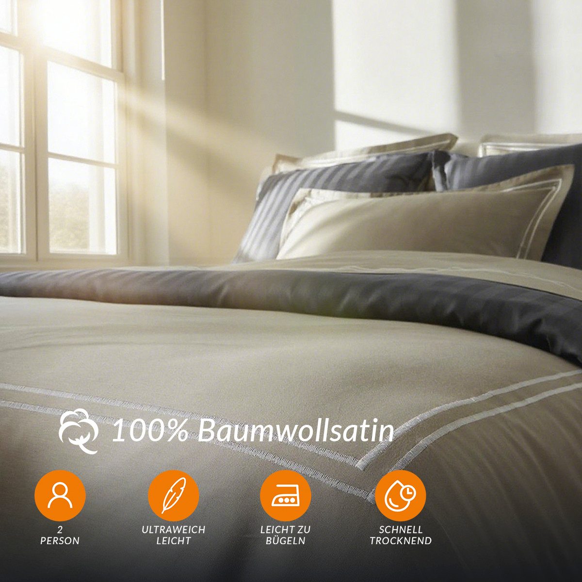 Pure cottom Bettwäsche Satin Bettwäsche weiß/taupe, Baumwoll-Satin, verschiedene Größen