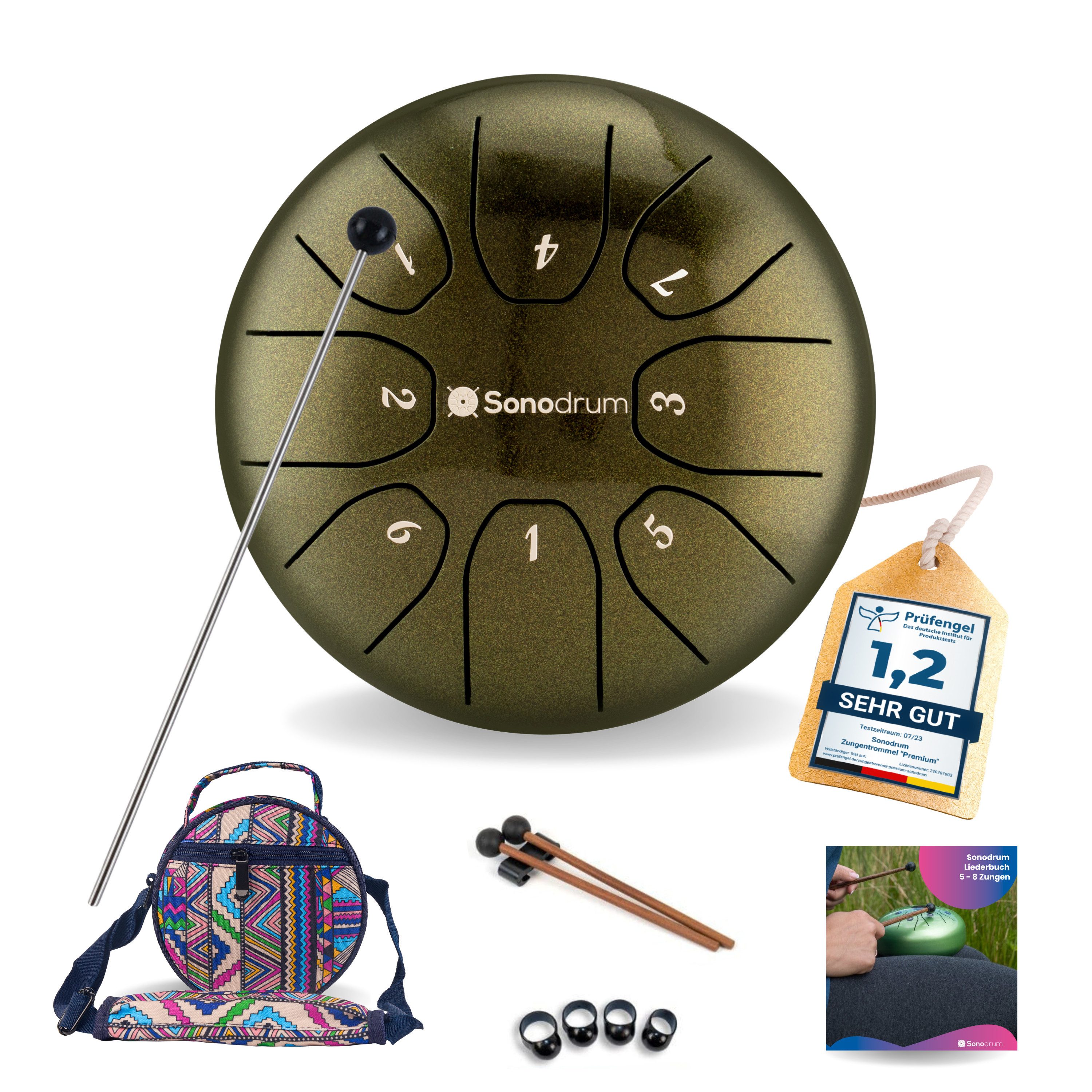 Sonodrum Steel Tongue Drum "Standard", C-Dur, 14 cm, 8 Zungen inkl. Liederbuch und Tragetasche