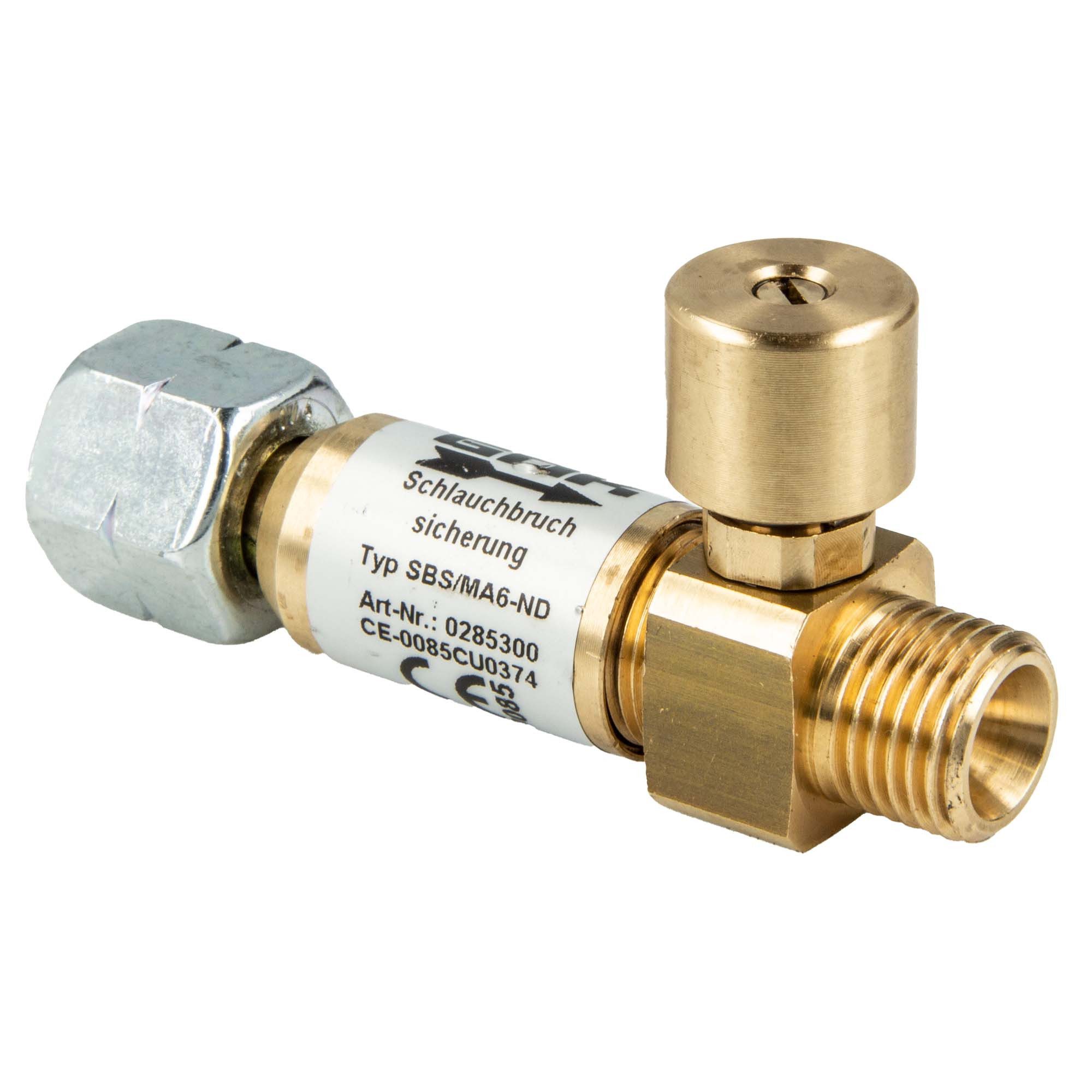 GOK Gas Schlauchbruchsicherung SBS/MA G 1/4 LH-ÜM x G 1/4 LH-KN 50 mbar