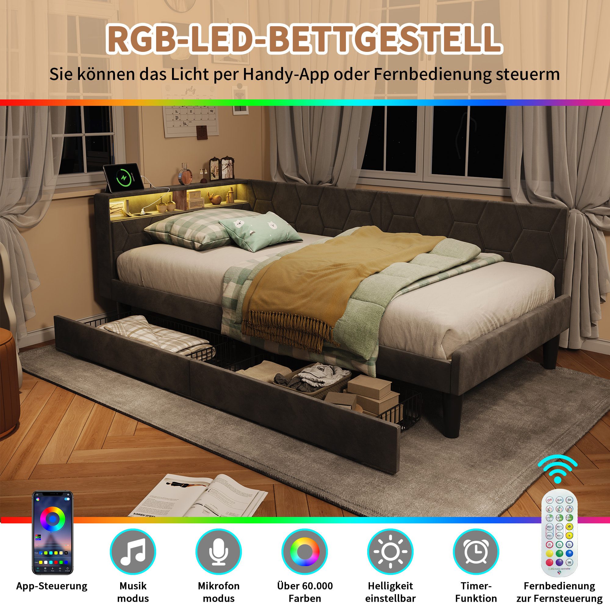 Simurq Daybed Tagesbett 90x200 mit Schubladen, Gästebett, Jugendbett, Polsterbett, Mit Lattenrost, USB Port & LED, samt, L-Form