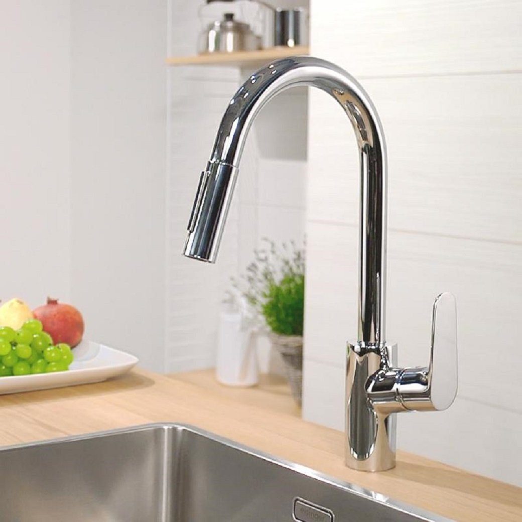 hansgrohe Küchenarmatur Focus Einhebel Küchenarmatur mit ausziehbarem Auslauf, Armatur Küche (Warmwasserarmatur & Kaltwasserarmatur, Kaltwassserhahn, Kaltwasser, Wasserhahn für Durchlauferhitzer geeignet, Spültischarmatur grohe) Küchenarmaturen Edelstahl Ausziehbar, Einhebelmischer Küchenspüle