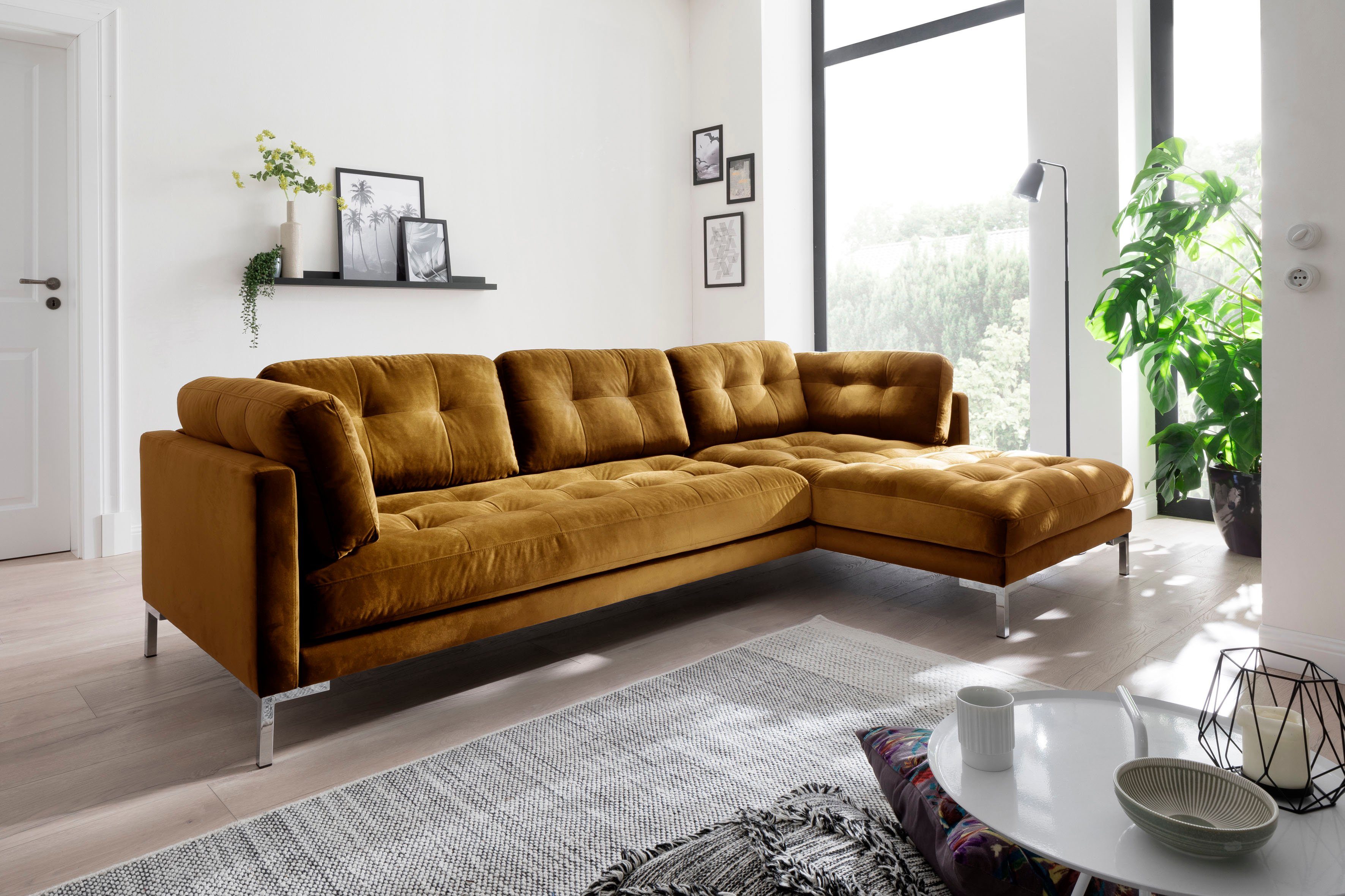 Trends by HG Ecksofa Landau L-Form, in Cord-Stoff mit Metallfuß