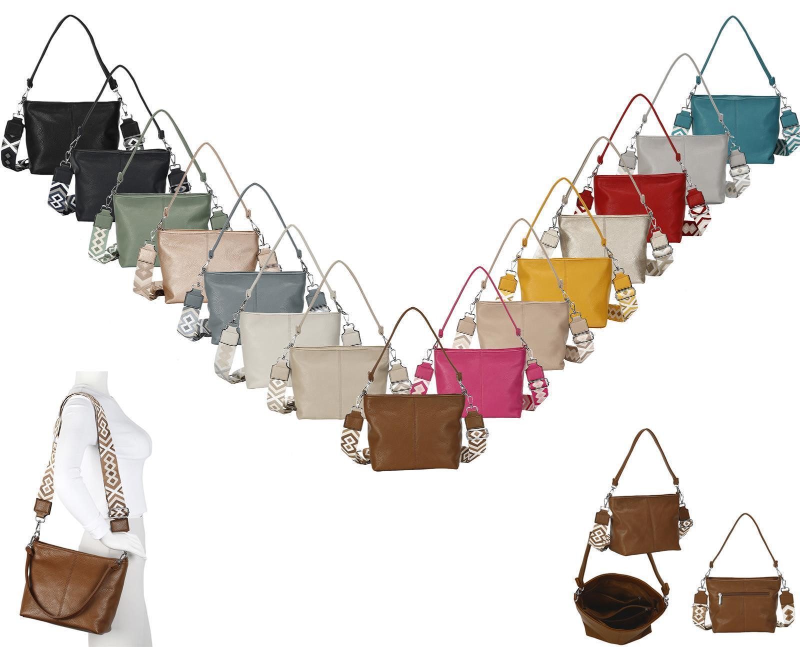ITALYSHOP24 Schultertasche DAMEN TASCHE SHOPPER Hobo Bag Reise Freizeit Urlaub Leder Optik leicht (Spar-Set: Tasche mit 2 Gürtel, Zusatz Muster Stoffgurt Umhängeband), Handtasche Crossbody Umhängetasche Beuteltasche Crossover BodyBag
