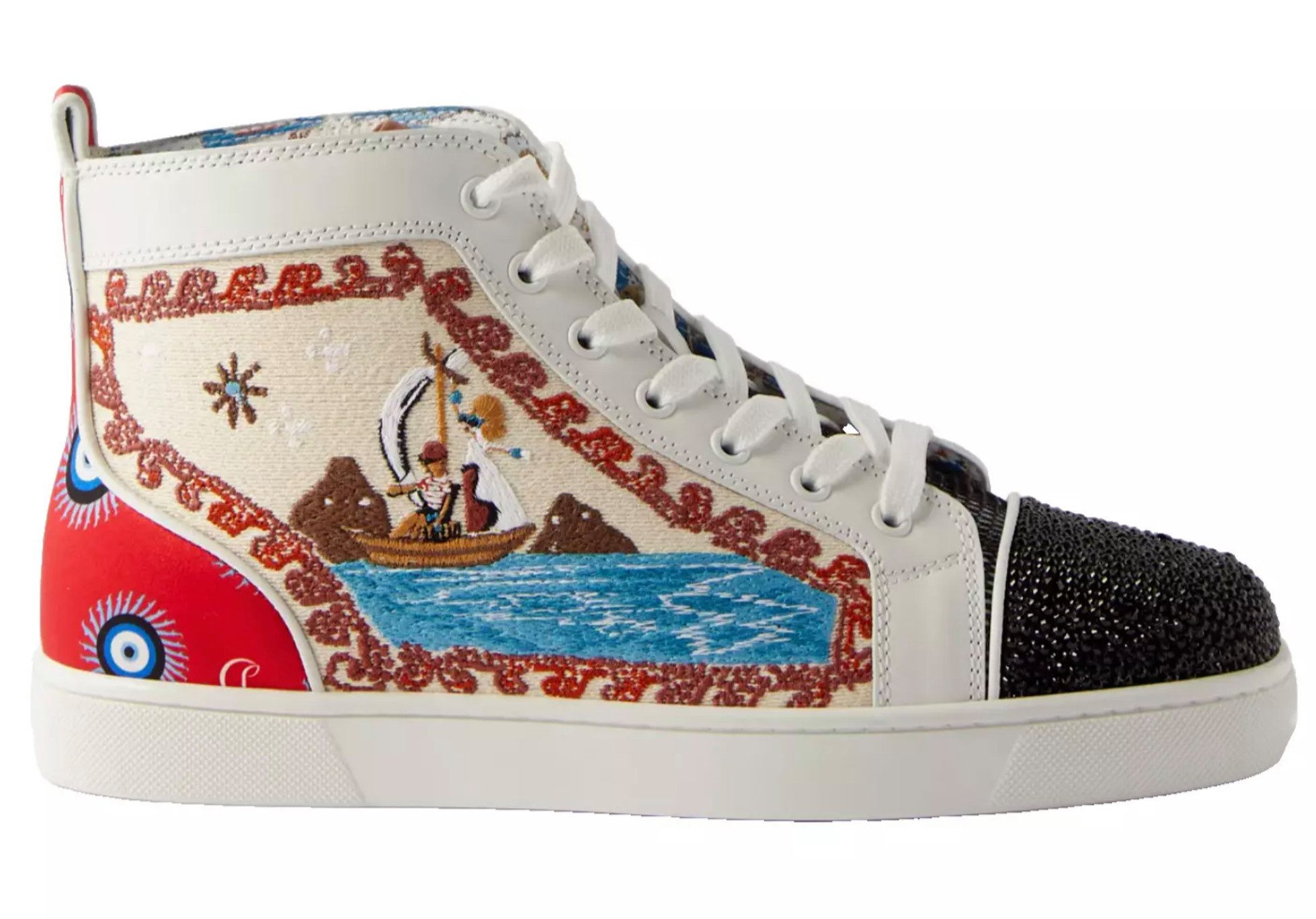 CHRISTIAN LOUBOUTIN Bestickte No Limit Greek Boat Leder Boots Sneaker bestickte Bootsszene, Böse-Auge-Druck, Rote Gummisohle