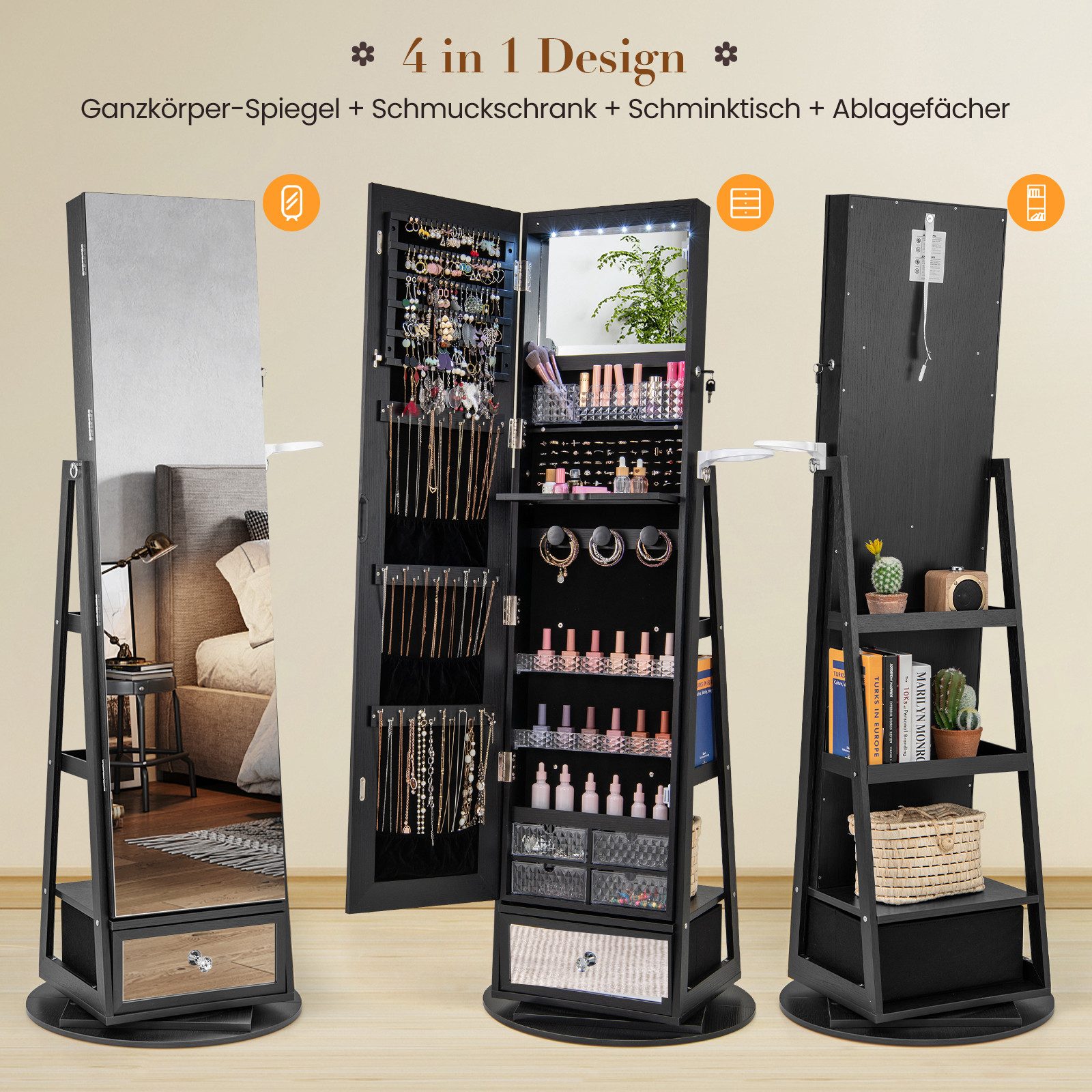 COSTWAY Schmuckschrank mit Spiegel, LED & 3 Ablagen, drehbar & abschließbar