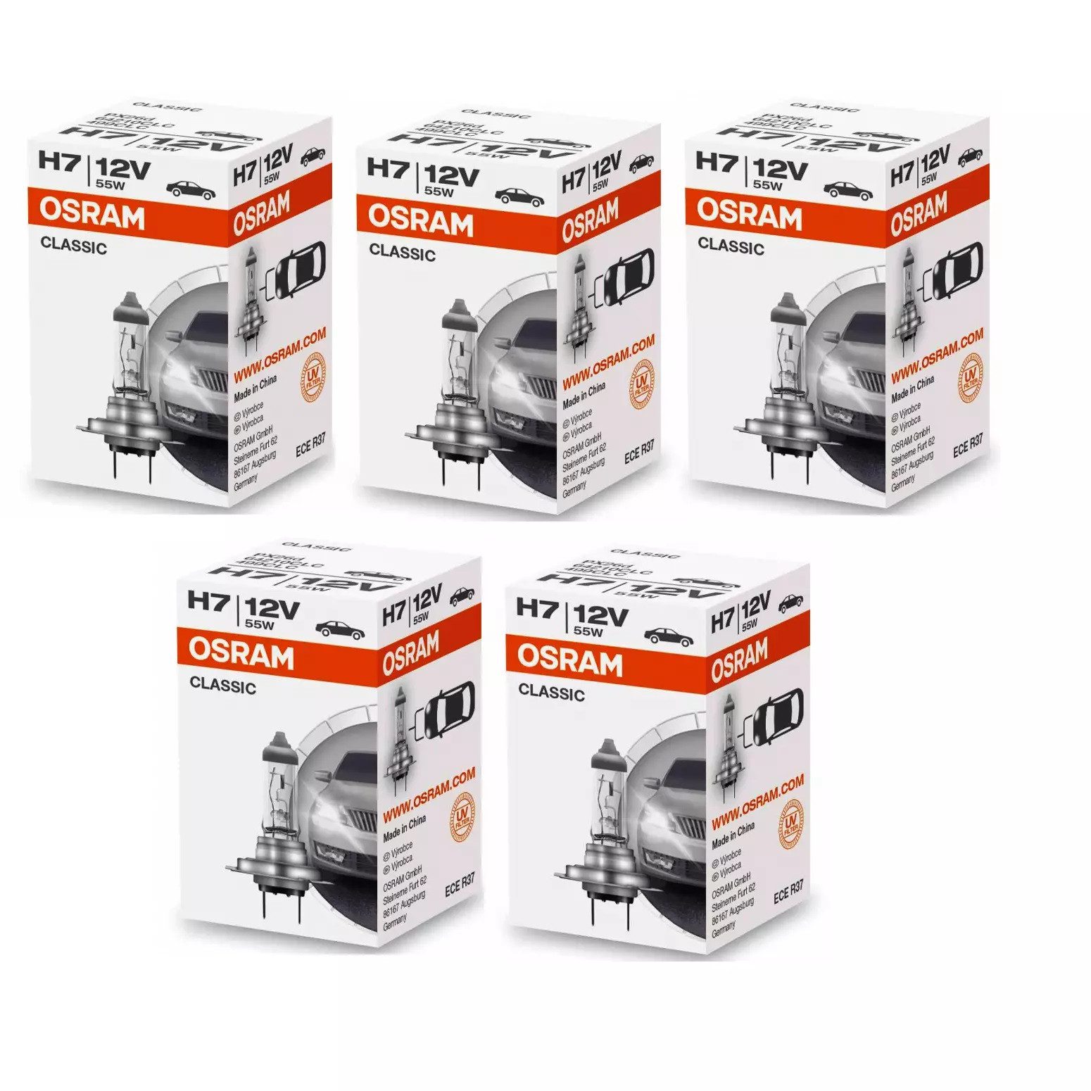 Osram KFZ-Ersatzleuchte OSRAM CLASSIC H7 PX26d 12 V 55 W (1er Faltschachtel), H7, 5 St., Warmweiß, Standard