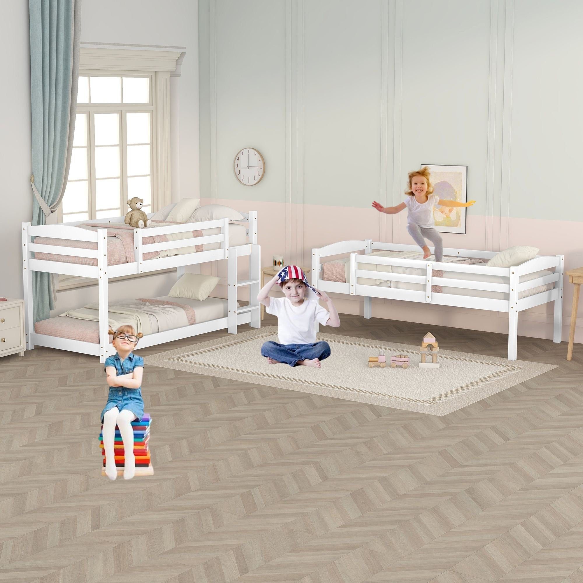 3-tlg., Abnehmbar Gästebett Set, cm Weiß in BlingBin Bettseiten), Einzelbett Etagenbett (1er | 3 Kinder Kiefern Kinderbett Personen,Hausbett, Weiß Weiß Doppelbett 90x200 | 3 für Dreier