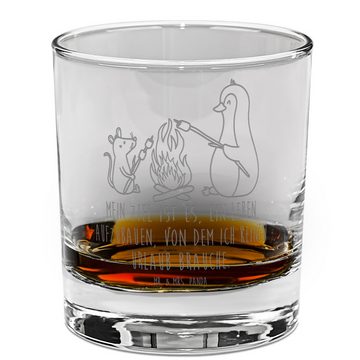 Mr. & Mrs. Panda Whiskyglas Pinguin Lagerfeuer - Transparent - Geschenk, Whiskeyglas mit Spruch, Premium Glas, Handverlesenes Design