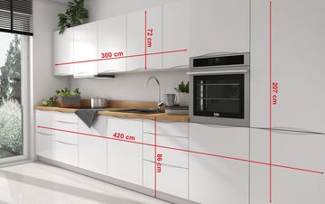 Feldmann-Wohnen Küchenzeile Napoli, 420x59x207cm, weiß /verkehrsweiß, Teilauszug (Blum), mit Arbeitsplatte