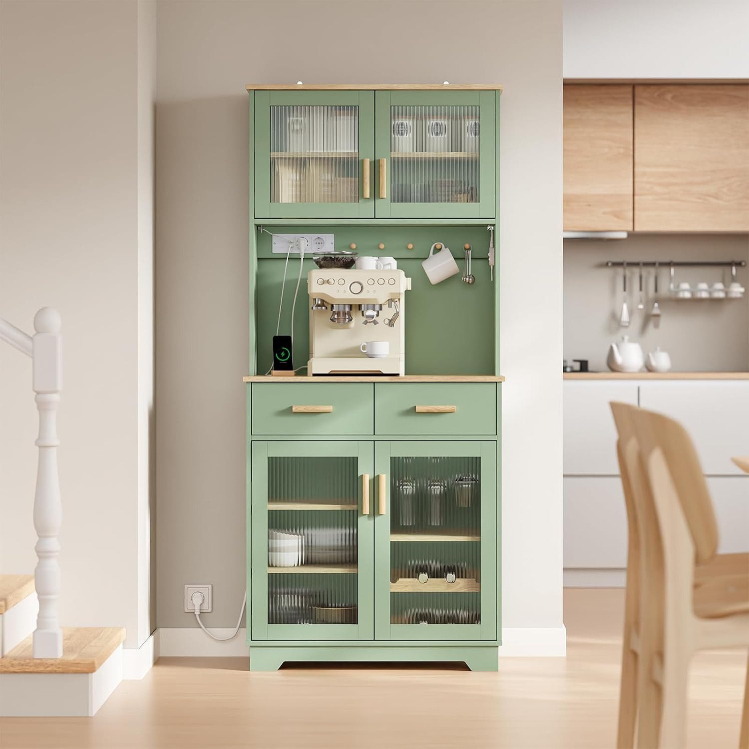 SoBuy Hochschrank FSB108-E, Küchenbuffet mit Arbeitsplatte, Vitrinenschrank mit LED (1er Set) Grüner Schrank mit LED, Steckdosen und USB-Anschluss für Küche