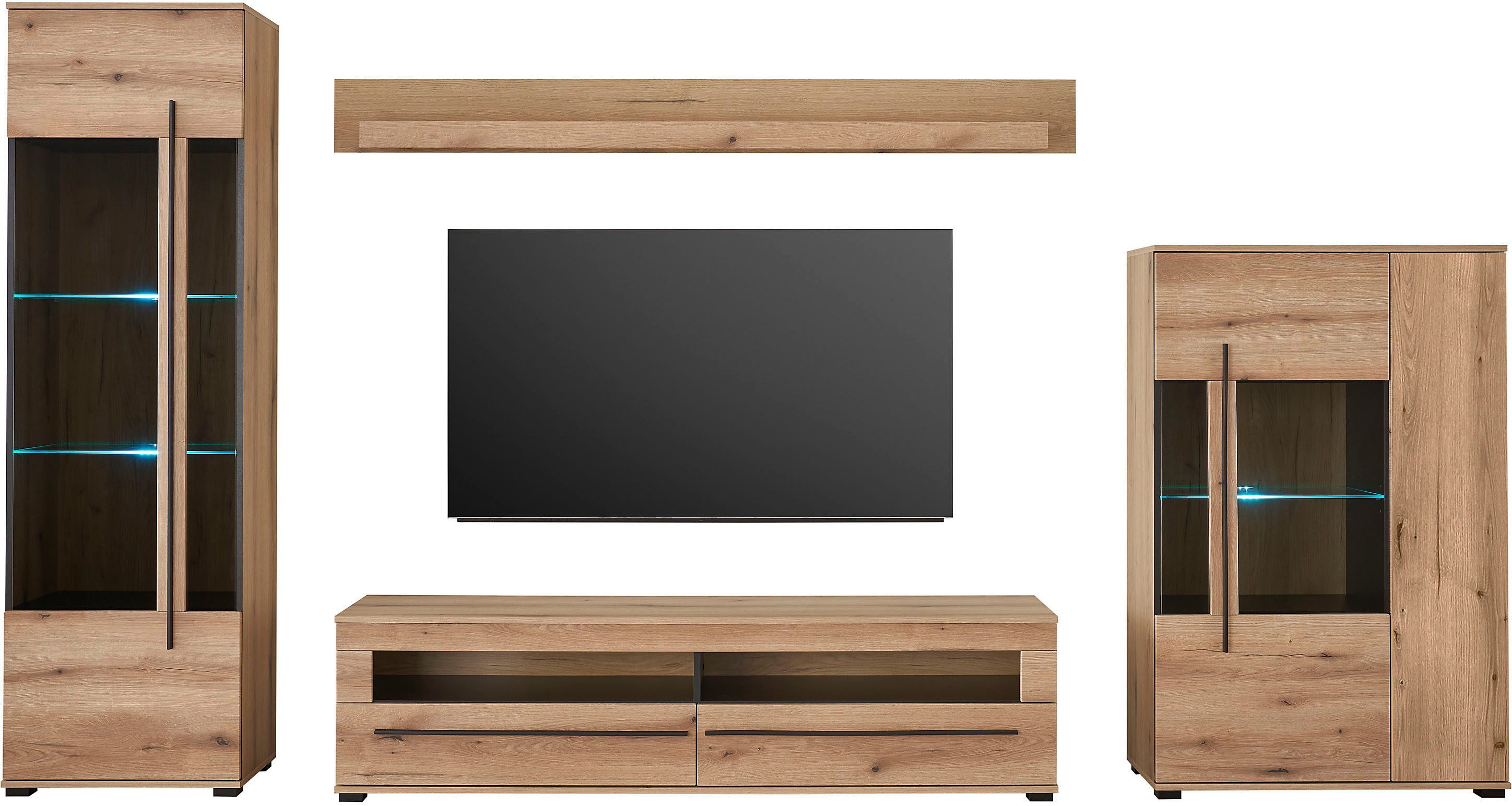 Home affaire Wohnwand Cantara, Anbauwand, Wohnzimmer-Set, in Eiche Evoke, Weiß oder Kaschmir, (Set, 4-St), enthält zwei Vitrinen, ein Lowboard und ein Wandboard