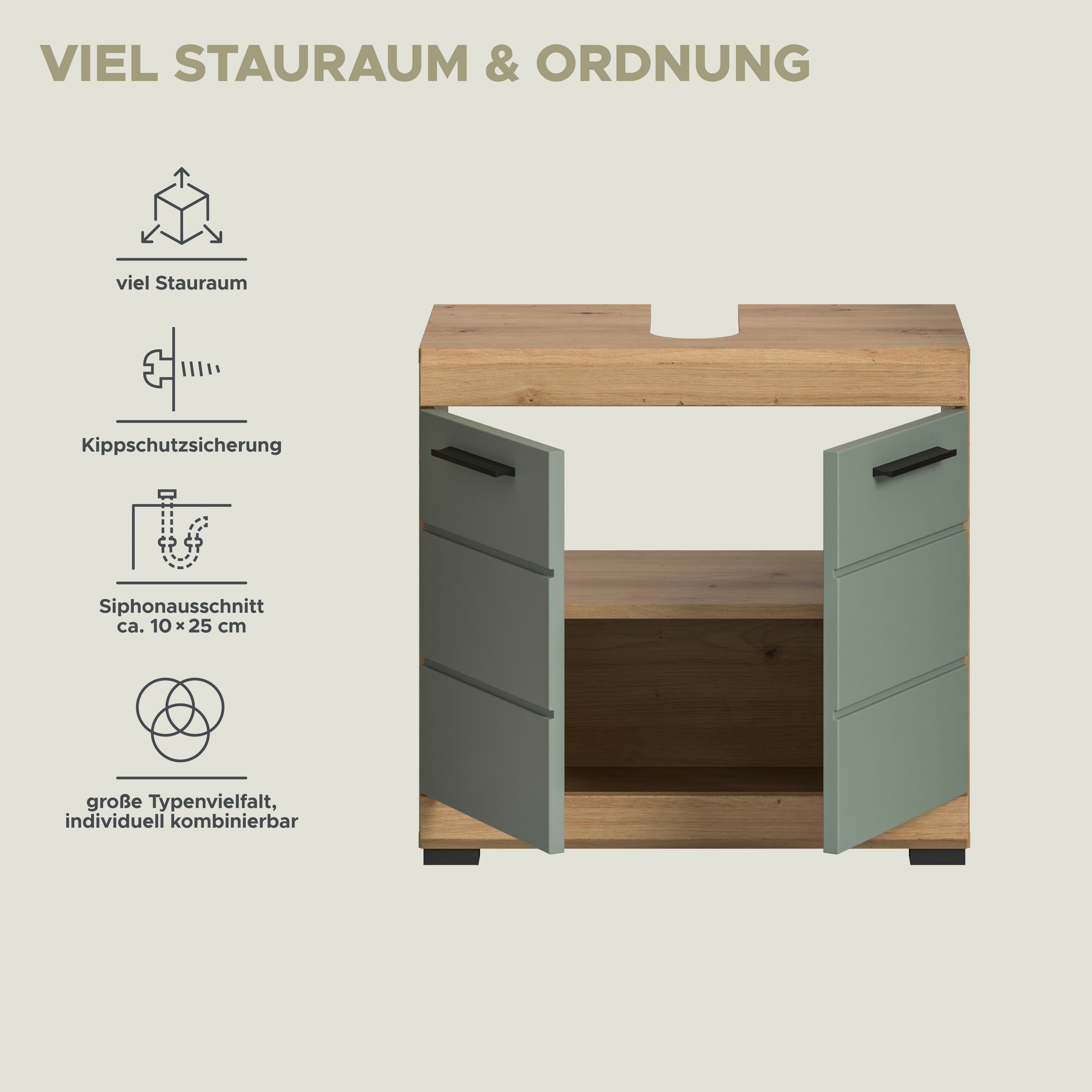 welltime Waschbeckenunterschrank SIENA, Breite 60cm, mit 2 Türen oder 2 Schubkästen, MDF-Front (1-St., TOPSELLER!, mit Siphonausschnitt 10x25 cm) in verschieden – Bild 5 von 5