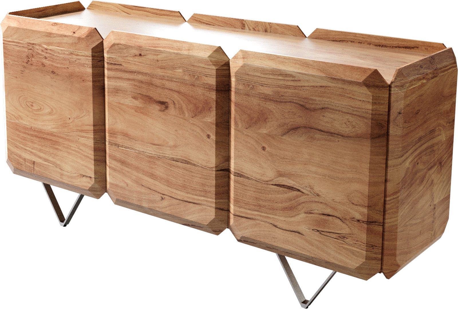 DELIFE Sideboard Kiano, Akazie Natur 145 cm 3 Türen V-Fuß Edelstahl Raumteiler