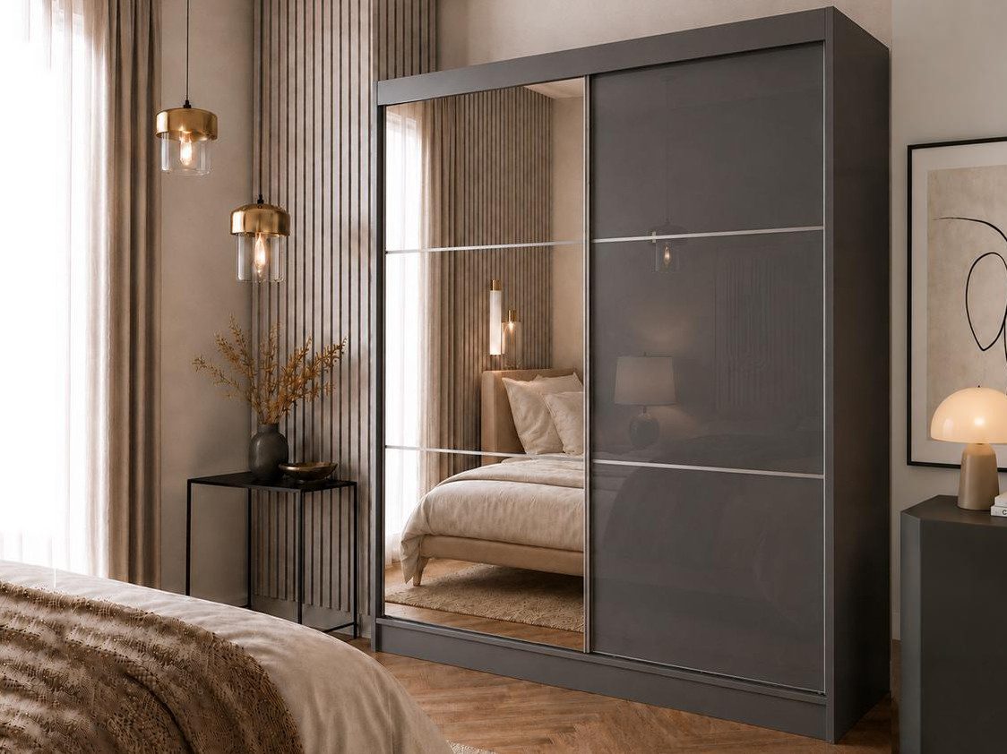 Beautysofa Schwebetürenschrank Viva mit Lacobel-Glas (4 Farben: Weiß, Grau, Schwarz und Kaschmir, mit oder ohne Schubladeneinsätze) Moderner Kleiderschrank