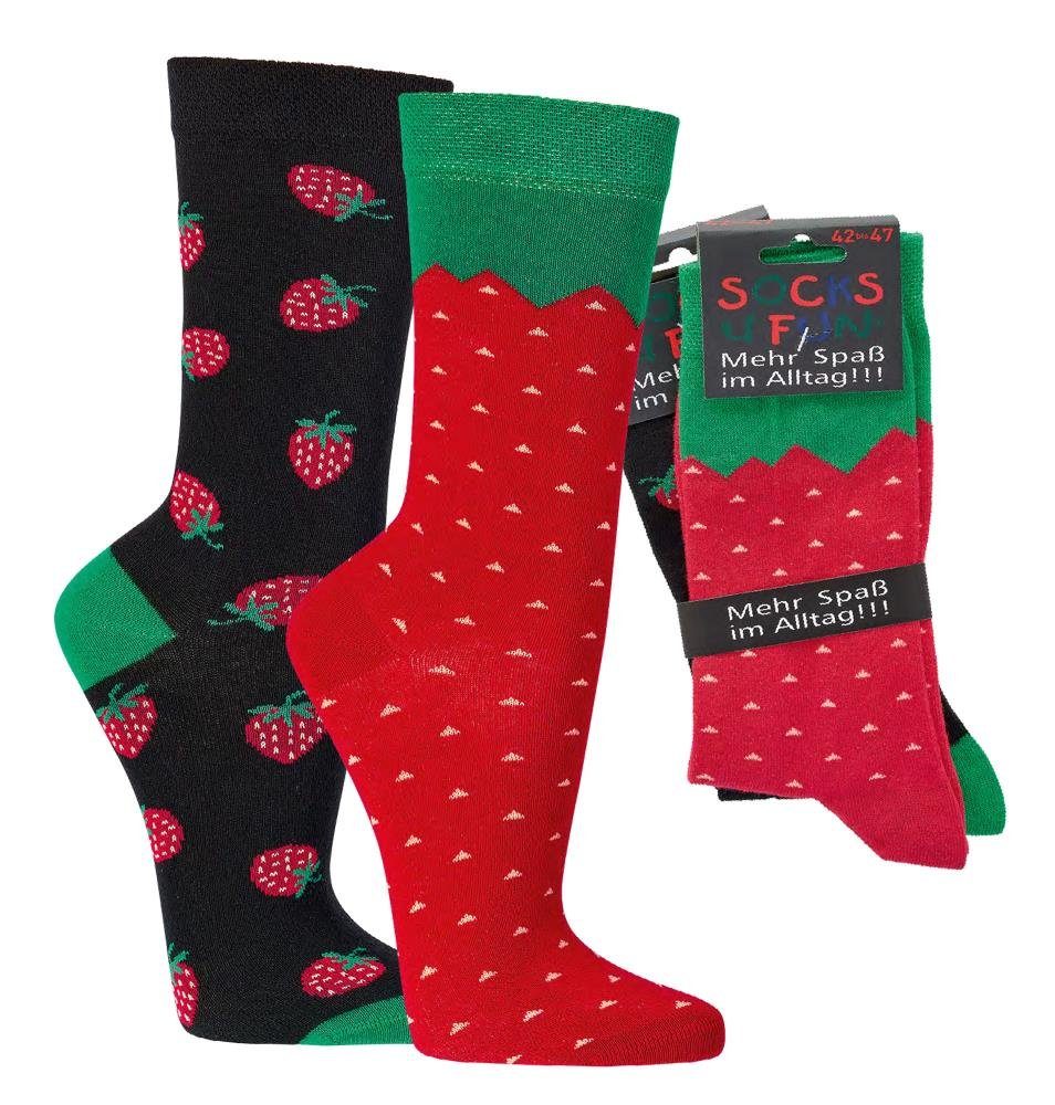 FussFreunde Freizeitsocken 2 Paar Fun Socken, Spaß mit Socken, über 70 Motive, ANTI-LOCH-GARANTIE Erdbeere