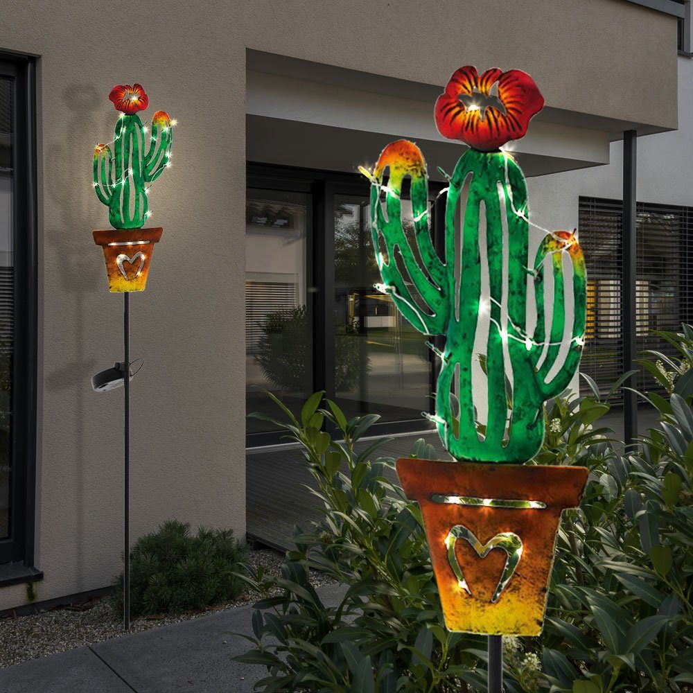 LED Warmweiß, LED Garten fest LED-Leuchtmittel Solar verbaut, Leuchte 2er Set Außen Design etc-shop Solarleuchte, Kaktus Steck