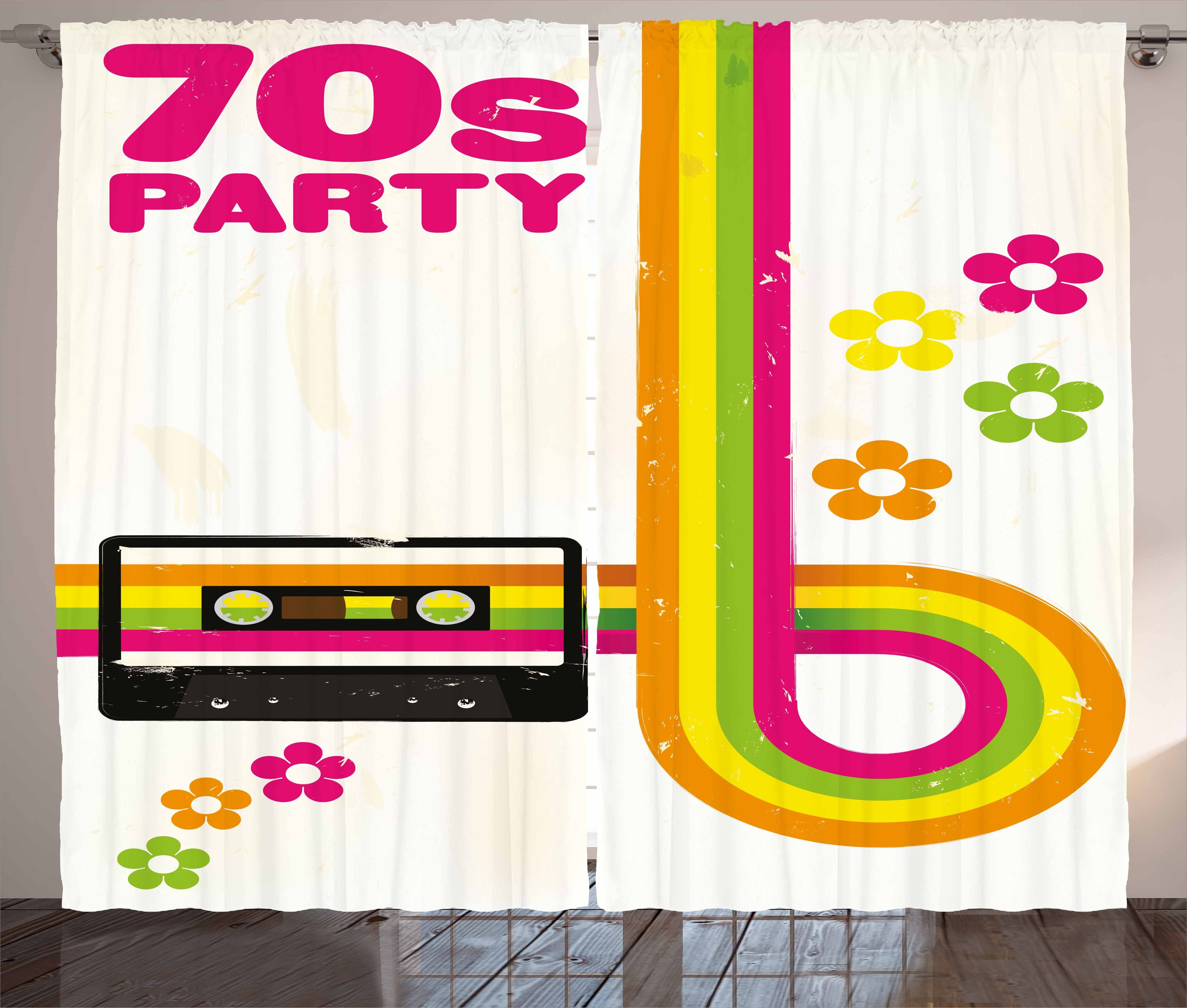 Gardine Schlafzimmer Kräuselband Vorhang mit Schlaufen und Haken, Abakuhaus, Bunt 70er Jahre Party-Casette-Tape