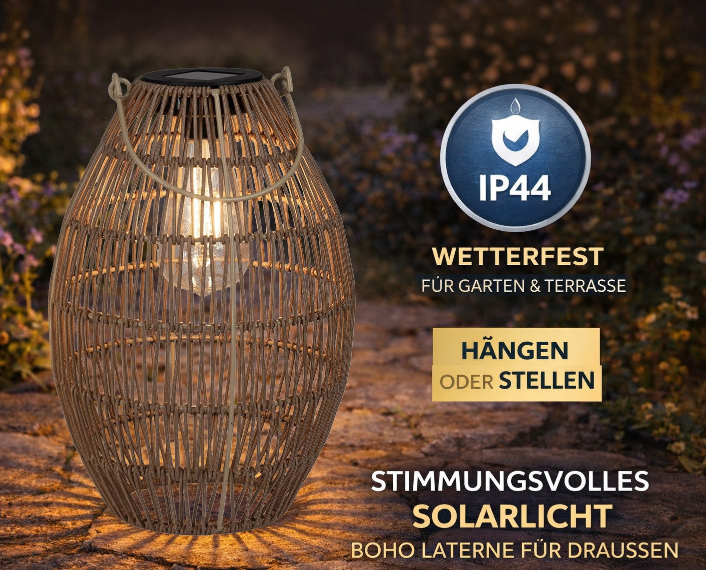 formano LED Laterne Solarlaterne Außen Balkon Metall Laterne natürliche Flechtoptik IP44, LED fest integriert