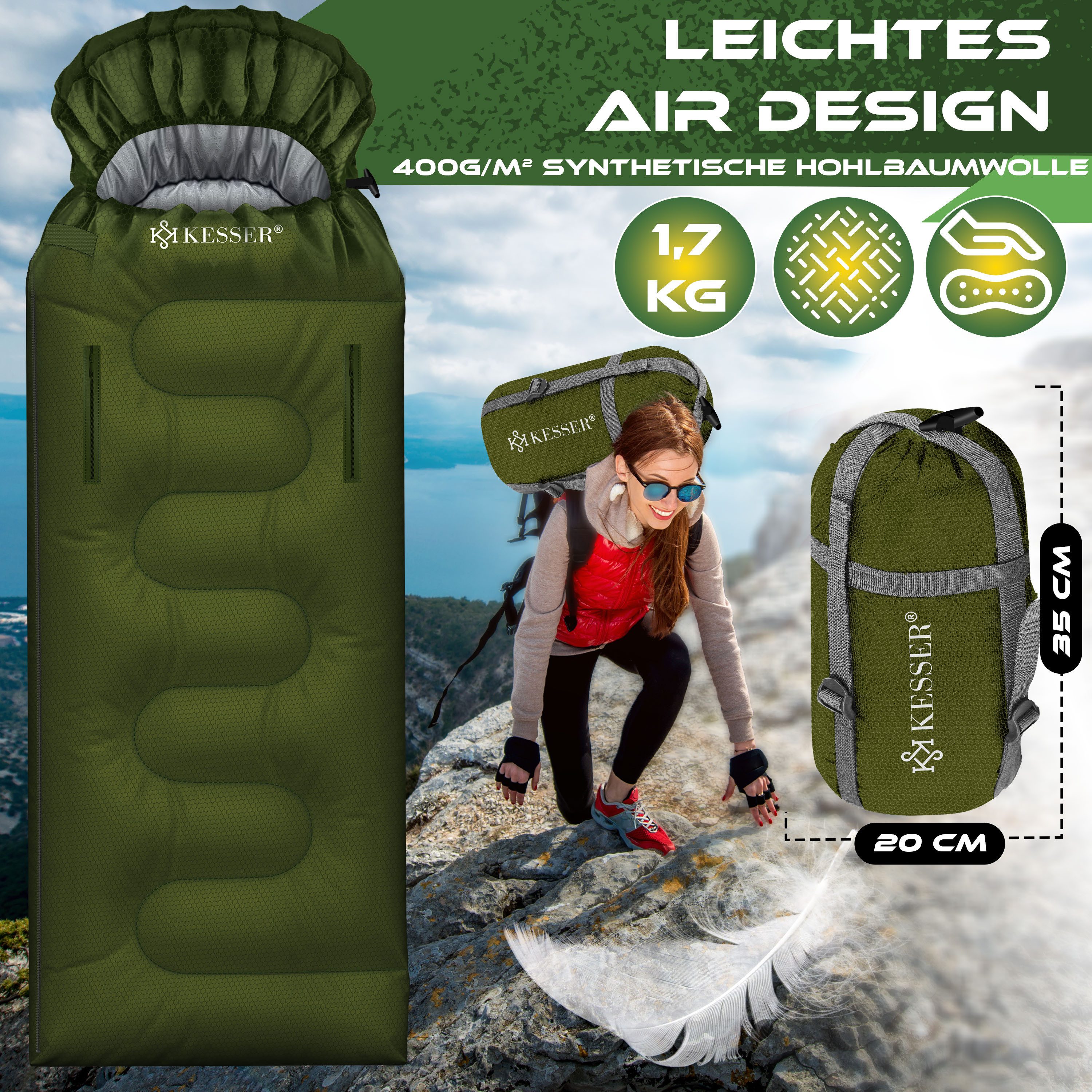 KESSER Deckenschlafsack Camping Schlafsack Outdoor 220x83cm 4 Jahreszeiten (Campingschlafsack inklusive Campinglampe & Seitentasche), für Erwachsene & Kinder Le – Bild 5 von 5