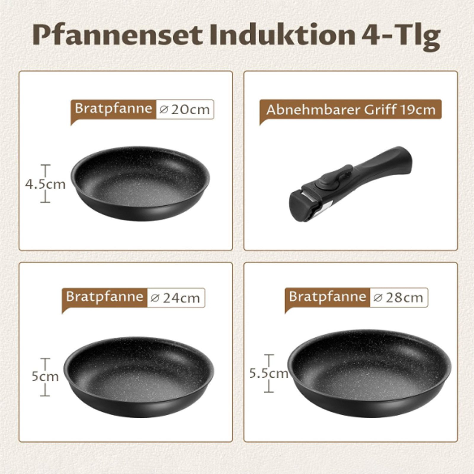 SunJas Pfannen-Set Pfannenset mit abnehmbarem Griff Bratpfanne Ø 20/24/28 cm, Aluminium Pfanne (mit Antihaftbeschichtung, 3-tlg., stapelbar platzsparend), für a – Bild 4 von 5