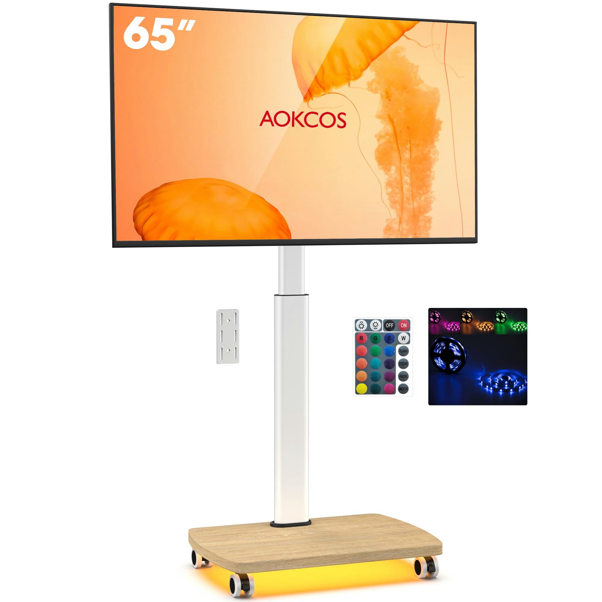 AOKCOS TV-Ständer, (bis 65 Zoll, mit LED Beleuchtung & Holzbasis & Rollen)