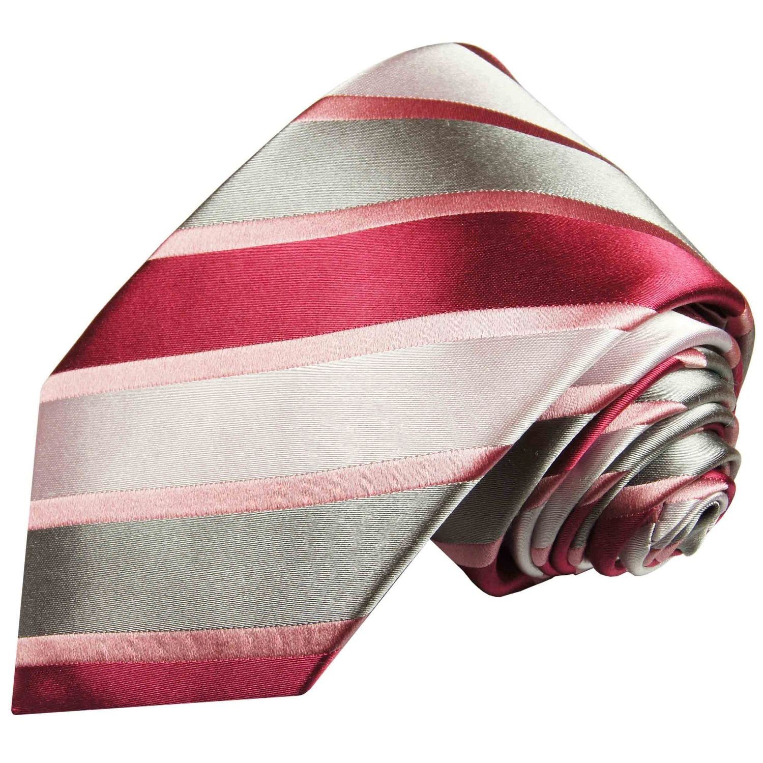 Designer Breit Seide Malone rot 100% (8cm), Schlips Seidenkrawatte Krawatte Herren modern 2046 Paul gestreift silber pink