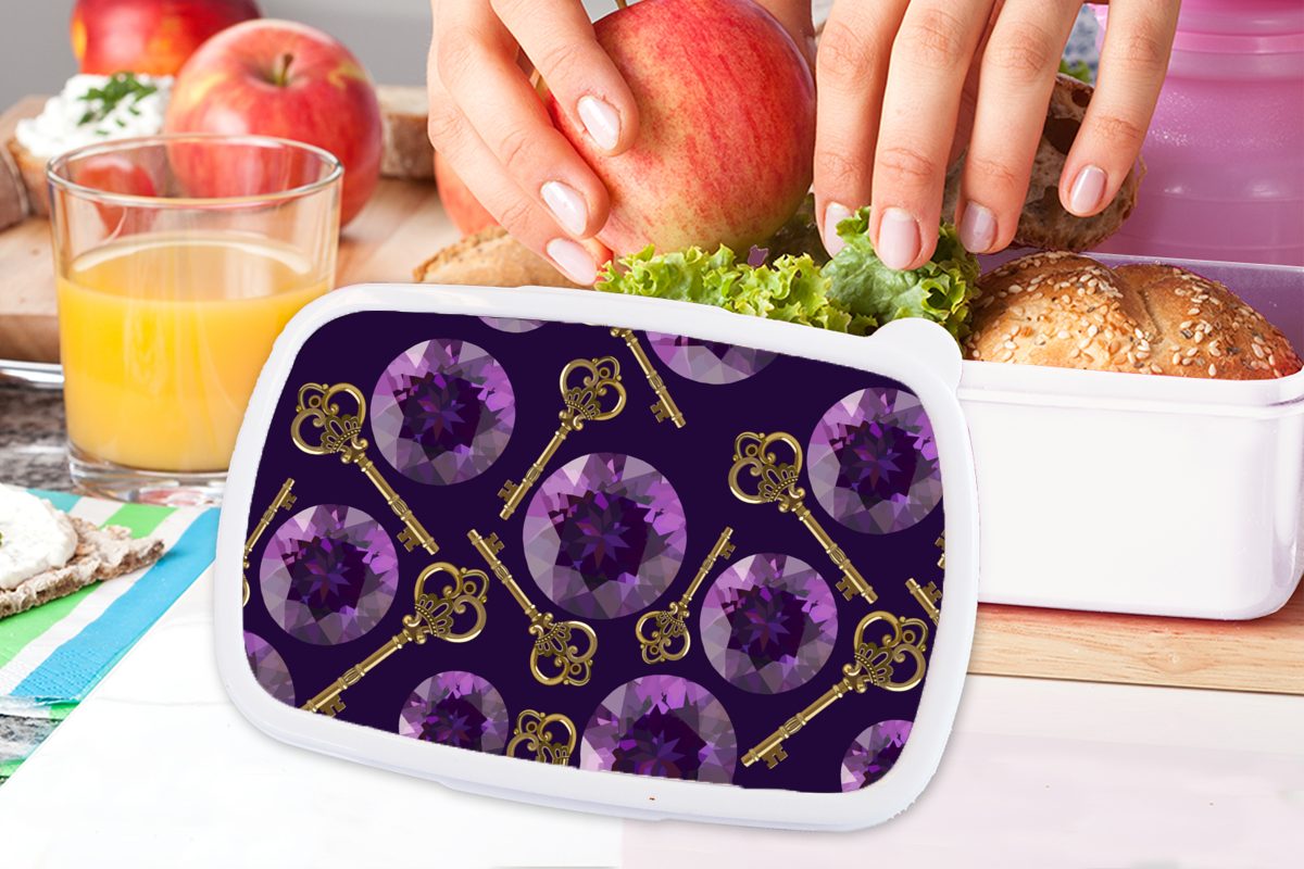MuchoWow Lunchbox Edelstein - Muster und - Kinder Kunststoff, für (2-tlg), Gold Brotdose, Erwachsene, Brotbox - für Schlüssel, Jungs Mädchen und weiß