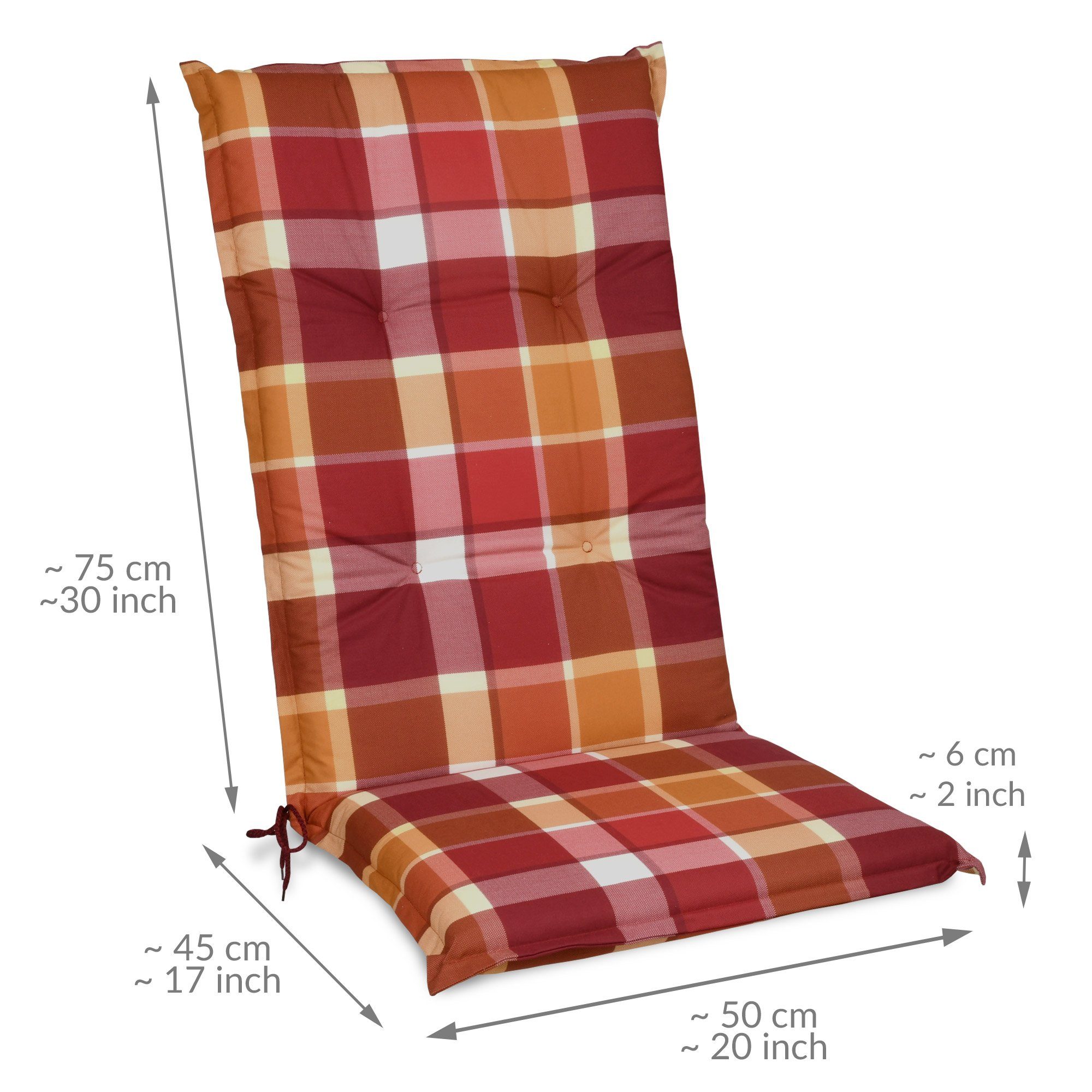 Beautissu Hochlehnerauflage Hochlehner Auflage Gartenstuhl 120x50 cm Polster Rot Kariert, 6cm Dicke Polsterauflage rutschfest UV-Lichtecht 5 Stuhlkissen