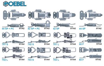 GOEBEL GmbH Kastenriegelschloss 5544502040, (100 x Spannverschluss mit Federsicherung 0/40F Kappenschloss, 100-tlg., Kistenverschluss - Kofferverschluss - Hebel Verschluss), gerader Grundtplatte inkl. Gegenhaken Edelstahl A2(V2A)