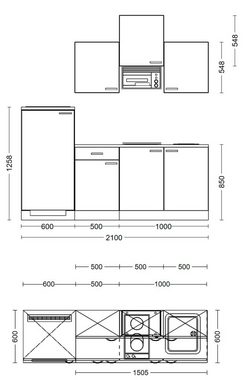 Flex-Well Küche Lucca, Breite 210 cm, mit Kühlgerät und Glaskeramikkochfeld sowie Mikrowelle