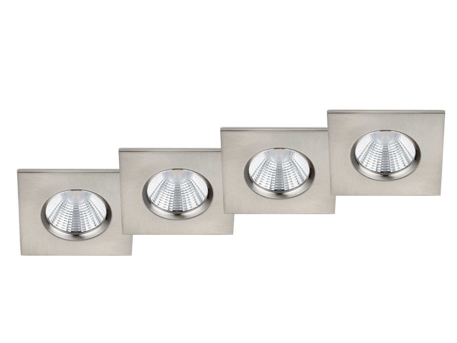 TRIO Leuchten LED Einbaustrahler, Dimmfunktion, LED fest integriert, Warmweiß, 4er-SET Deckeneinbauleuchte, Badlampe Decke Dusche Silber 8 x 8cm IP65