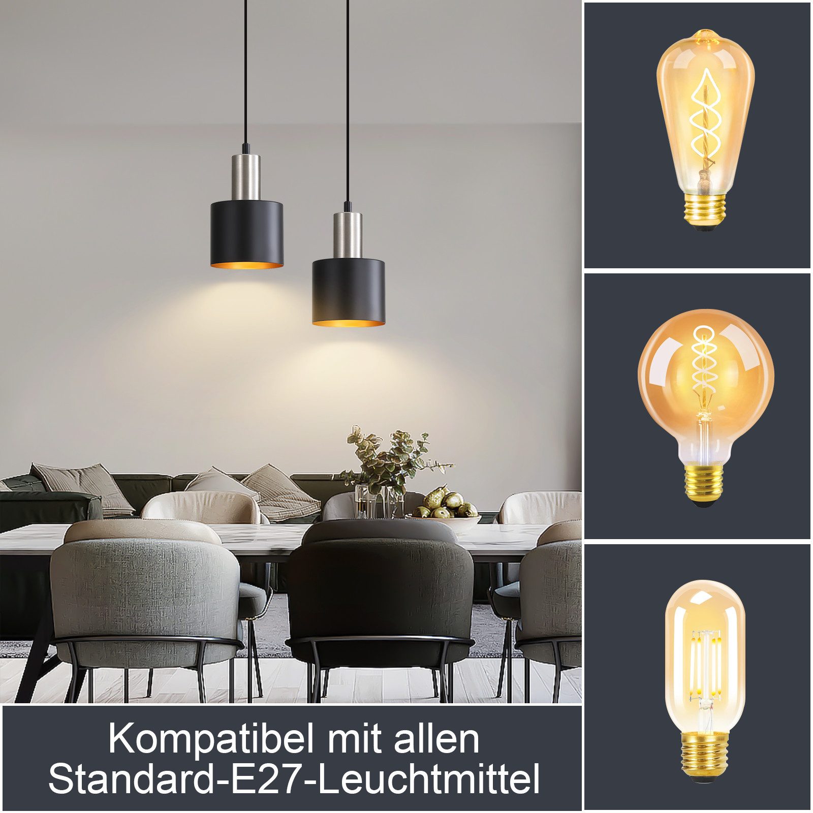 Nettlife Hängeleuchte Schwarz Gold Vintage 1/2/3 Flammig Esstisch E27 Pende günstig online kaufen