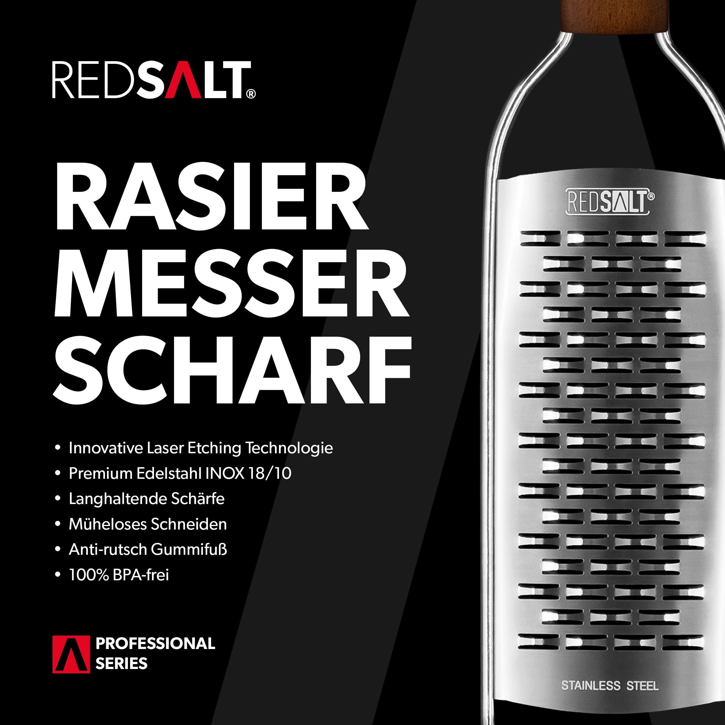 REDSALT® Käsereibe 2-Wege Reibe mit Holzgriff rasiermesserscharf für feine Streifen, Zwei Wege, Feine rostfreie Edelstahlklinge in INOX 18/10 Qualität
