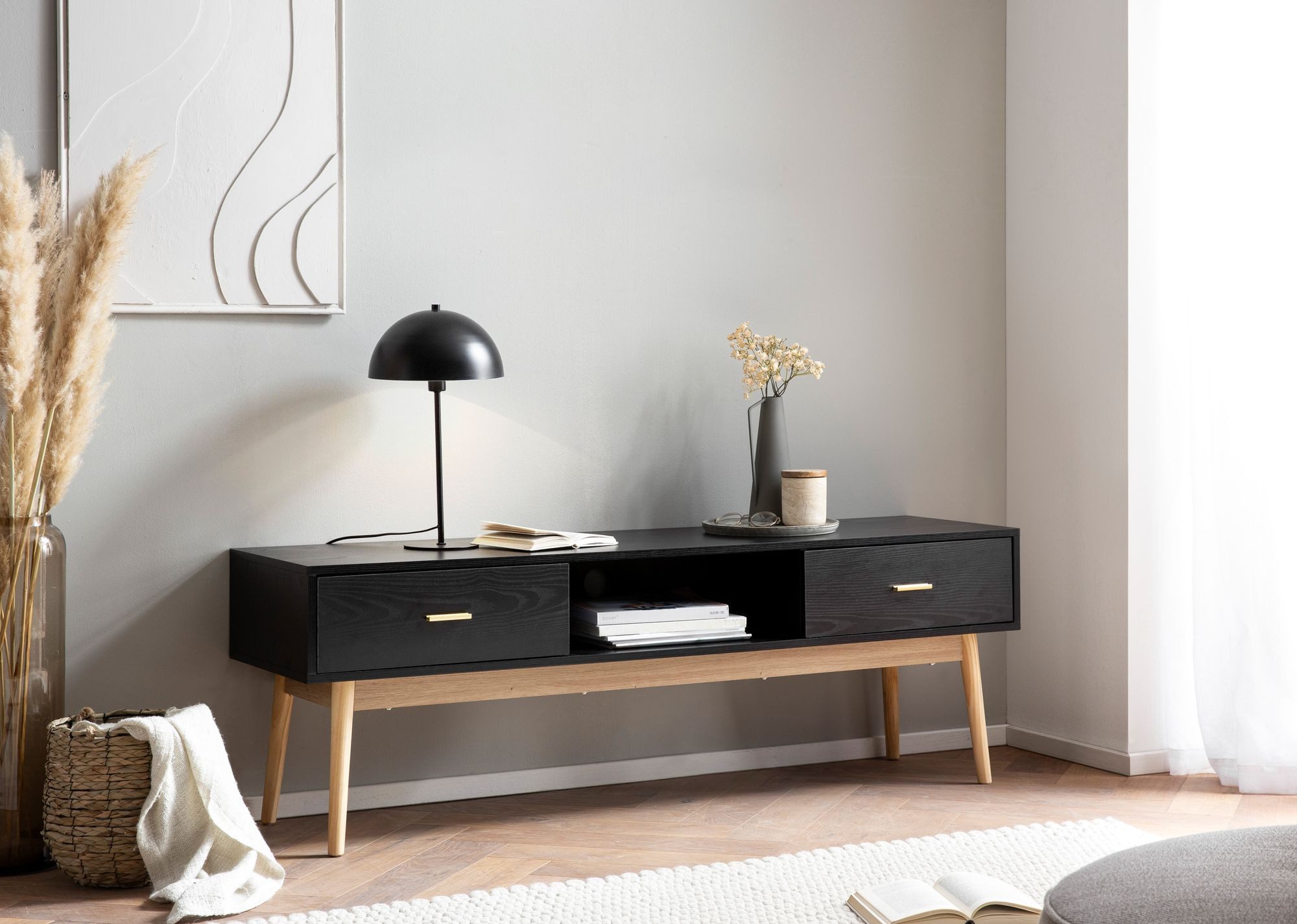 FINEBUY Lowboard FB99993 TV Schrank 150 cm Schwarz Schubladen Fernsehkommode Eiche (Schwarz Eiche, 150x50x40 cm, zwei Schubladen), TV-Kommode Hoch, TV-Schrank Modern Fernsehtisch