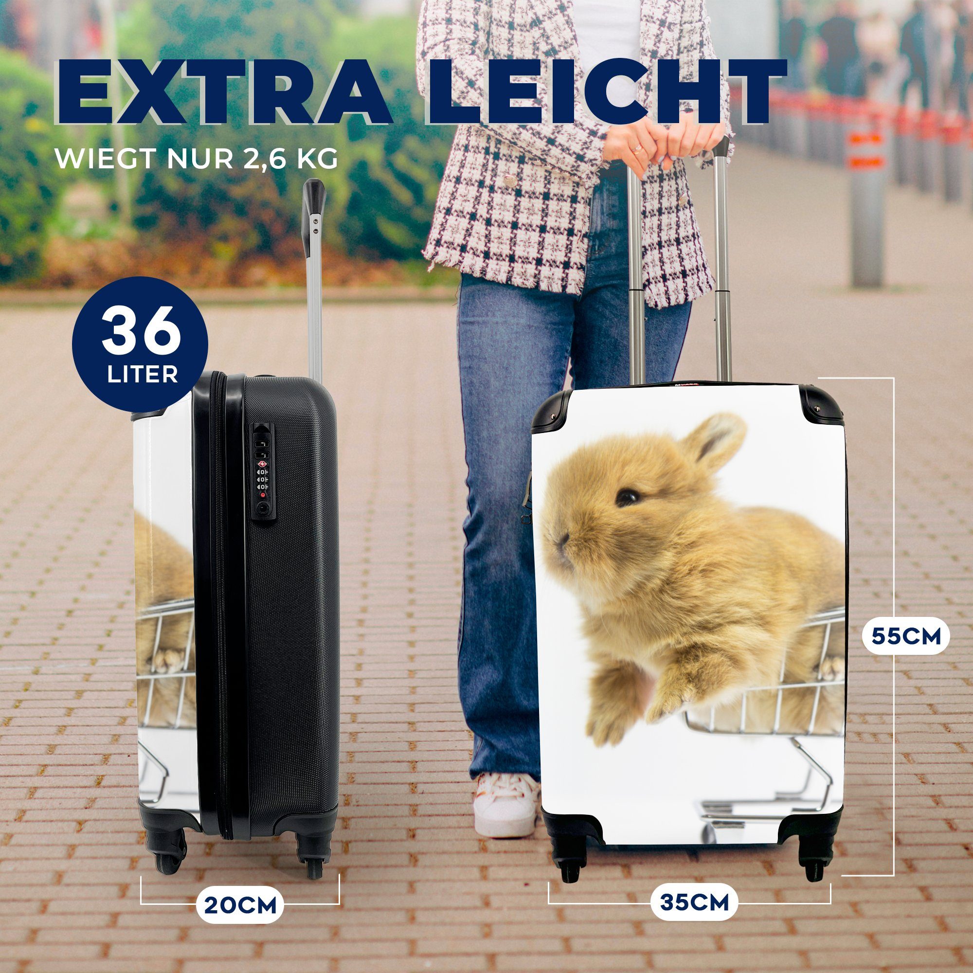 Kaninchen mit - für Handgepäckkoffer Handgepäck 4 Reisekoffer Weiß, Reisetasche rollen, - Rollen, Trolley, Ferien, Baby MuchoWow