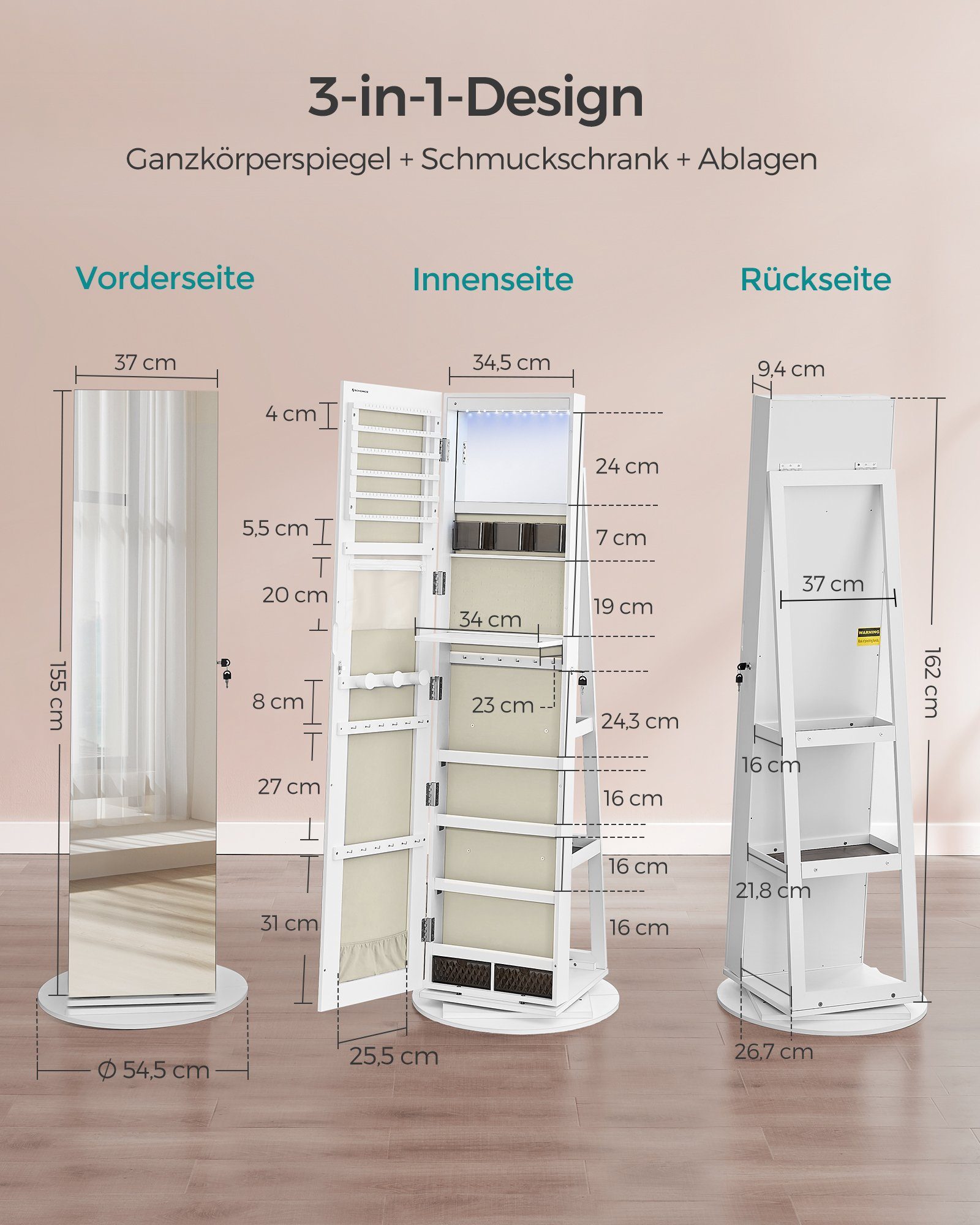 SONGMICS Schmuckschrank Spiegelschrank abschließbar, 3 Ablagen 360° drehbar, mit rahmenlosem Ganzkörperspiegel, Oberfläche – Bild 5 von 5