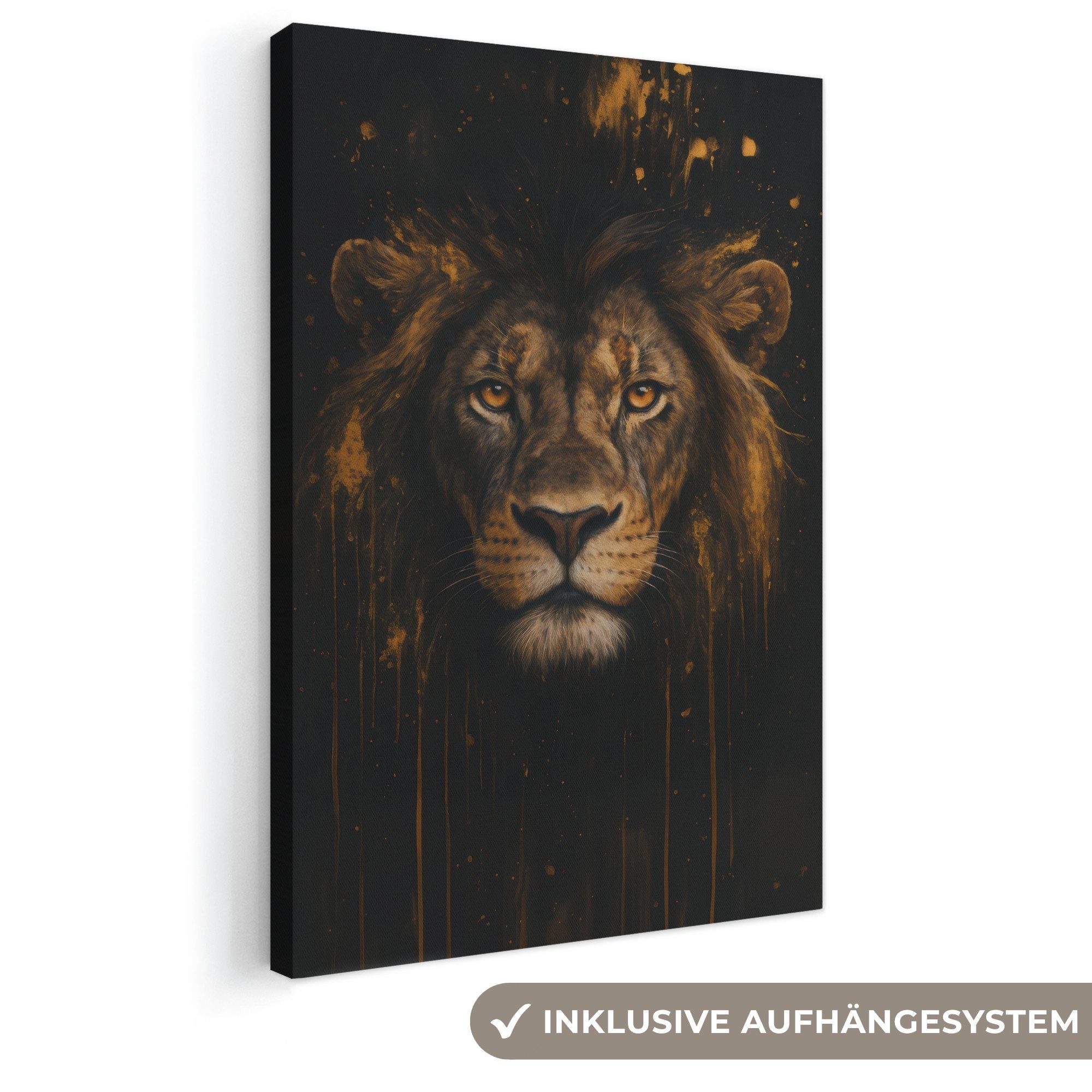 OneMillionCanvasses® Leinwandbild Löwe - Gold - Drops, Fotodruck (1 St), Leinwand Canvas Wandbild, Wanddekoration 20x30 cm