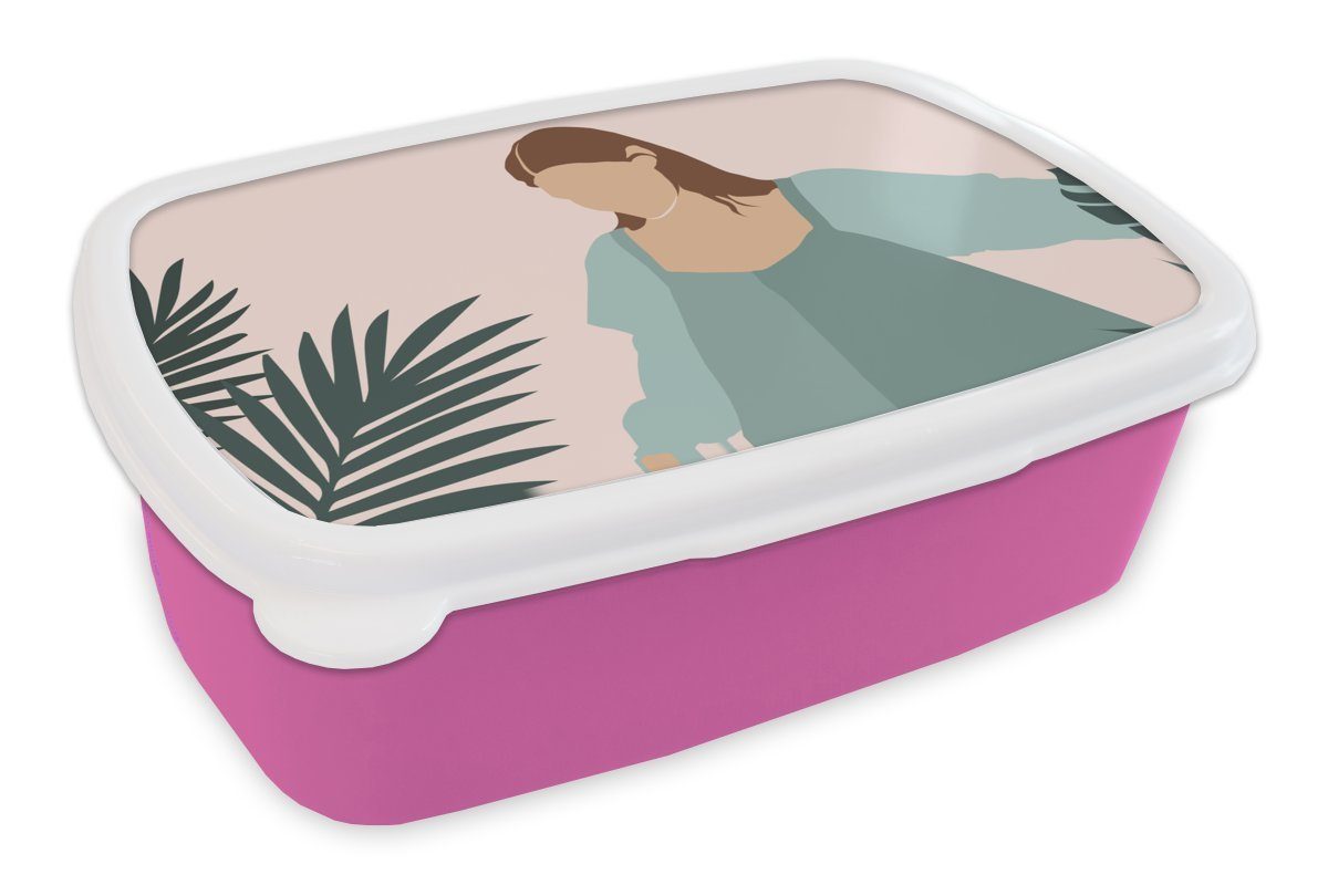MuchoWow Lunchbox Sommer - Frauen - Pflanzen - Tropisch, Kunststoff, (2-tlg), Brotbox für Erwachsene, Brotdose Kinder, Snackbox, Mädchen, Kunststoff rosa
