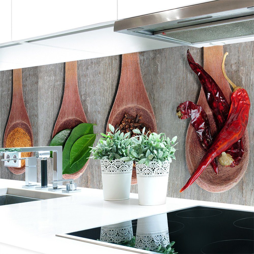 DRUCK-EXPERT Küchenrückwand Küchenrückwand Kräuter Löffel Premium Hart-PVC 0,4 mm selbstklebend