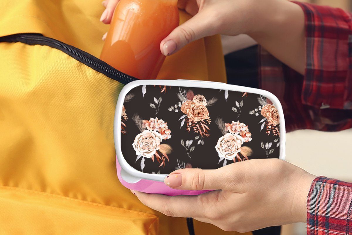 MuchoWow Lunchbox Blumen - für rosa Blätter Brotdose Brotbox Natur, Kunststoff, Kunststoff Kinder, Snackbox, - (2-tlg), Erwachsene, Mädchen
